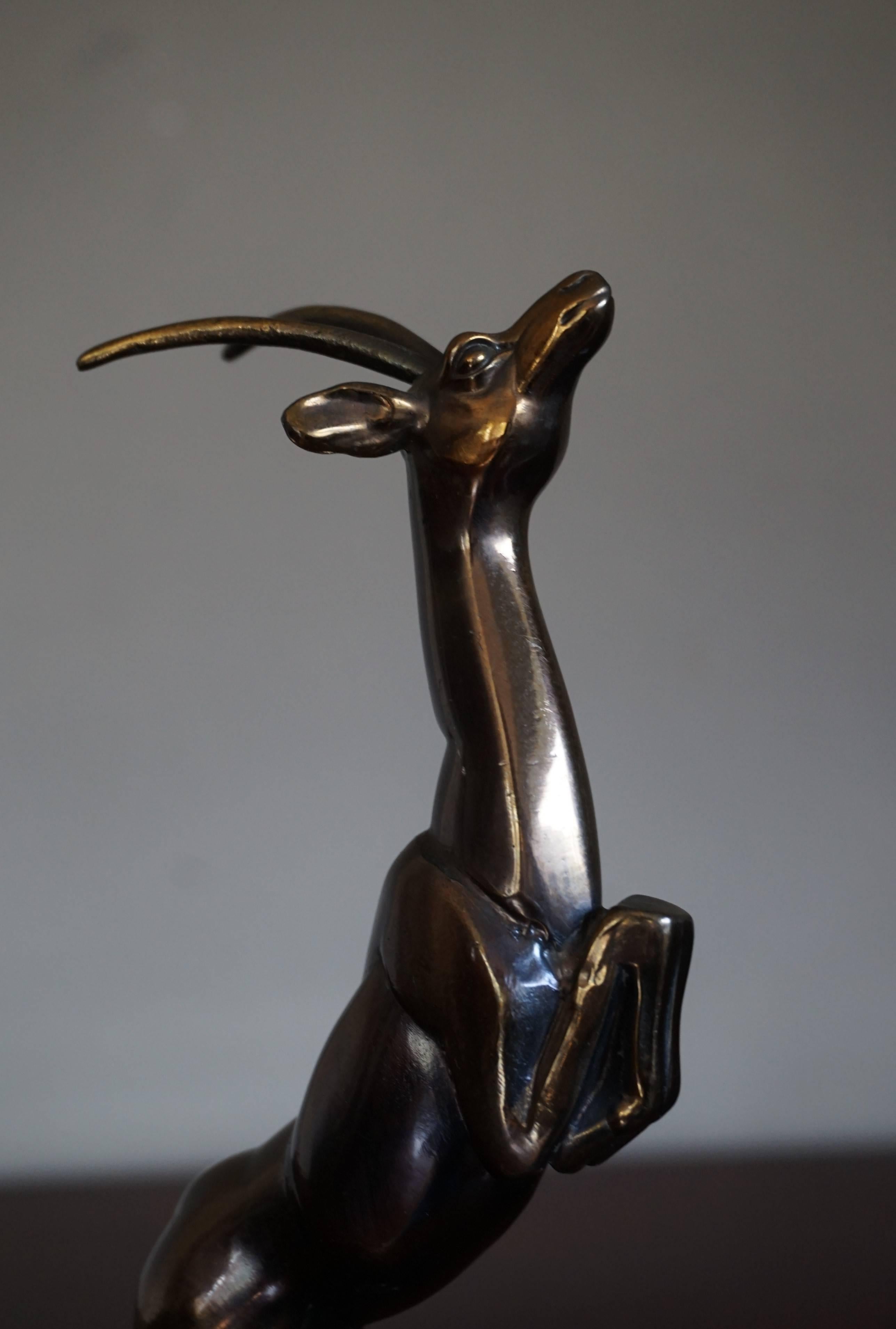 Pair of Art Deco Bookends with Brass Jumping Deer Sculptures on Marble Base For Sale 11