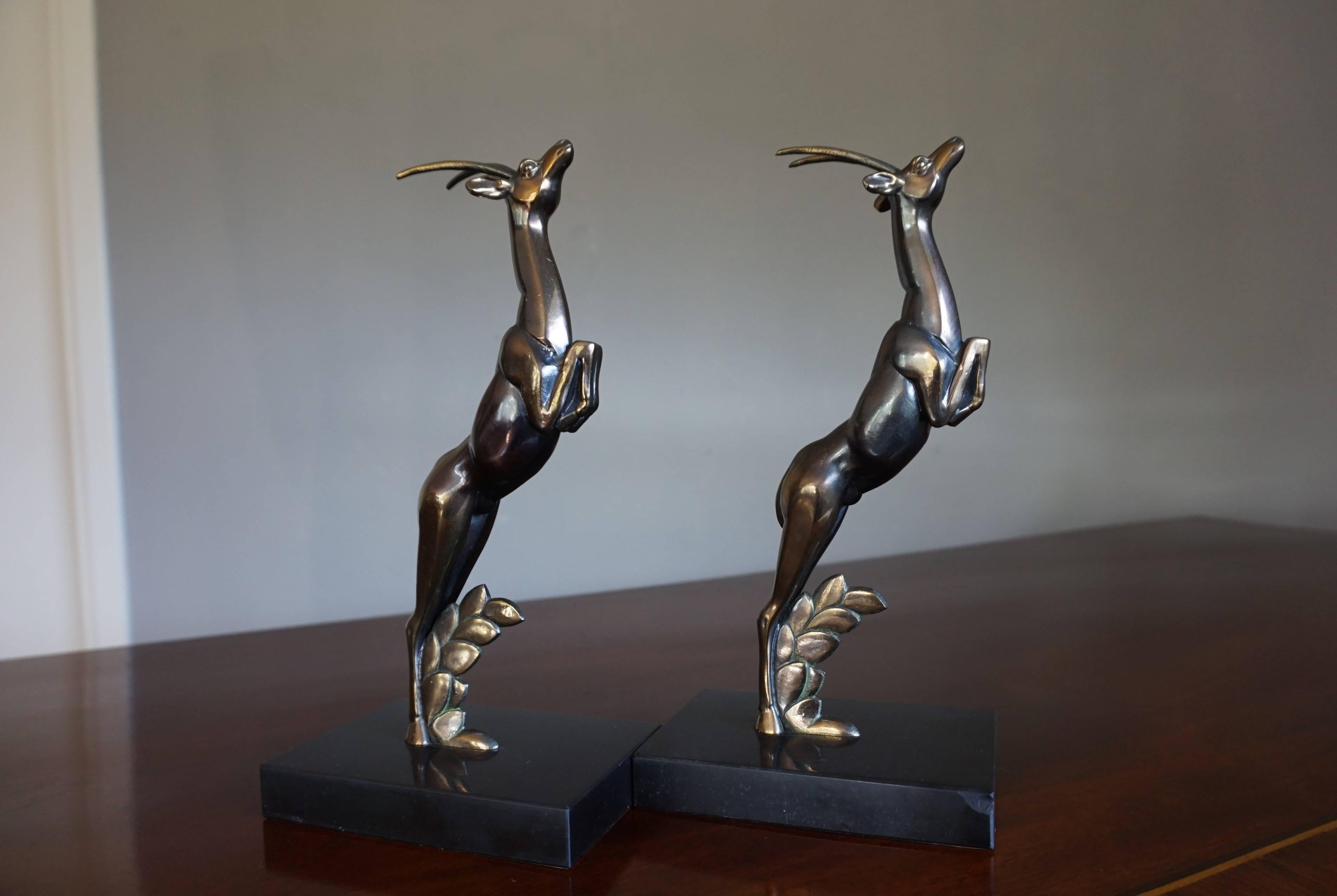 Pair of Art Deco Bookends with Brass Jumping Deer Sculptures on Marble Base For Sale 12