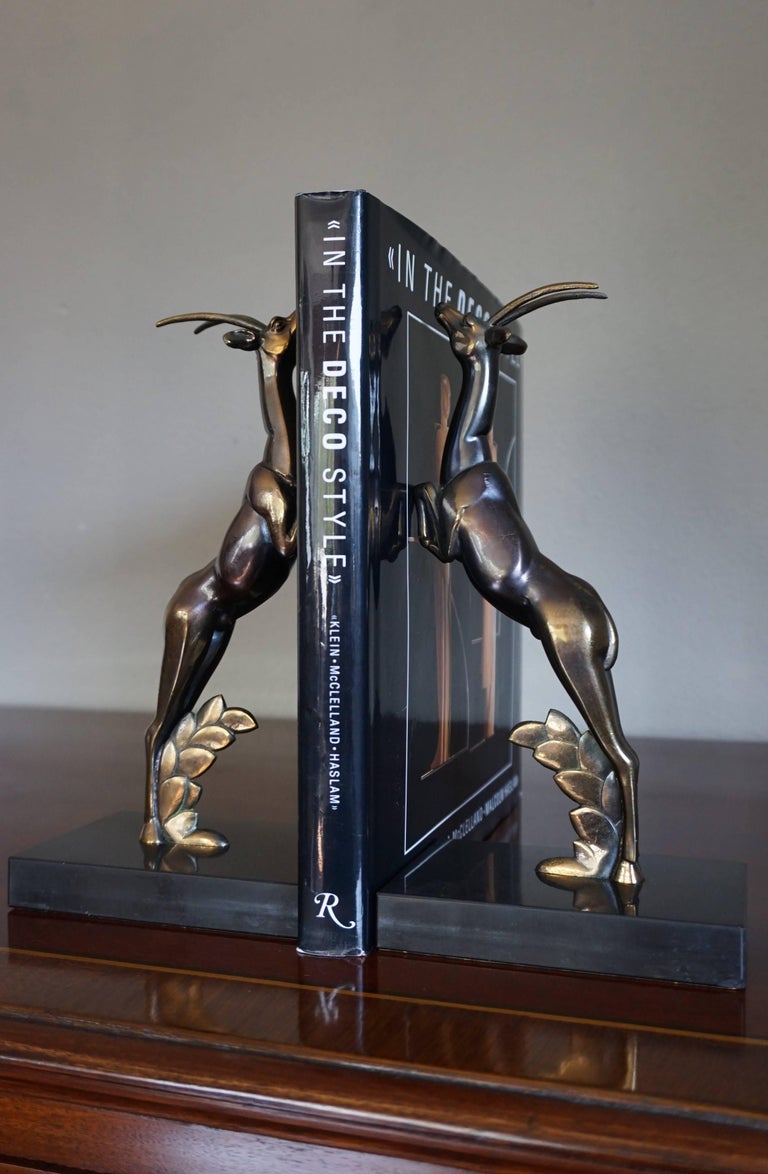 Patinated Pair of Art Deco Bookends with Brass Jumping Deer Sculptures on Marble Base For Sale