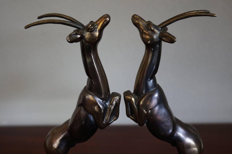 Pair of Art Deco Bookends with Brass Jumping Deer Sculptures on Marble Base For Sale 3