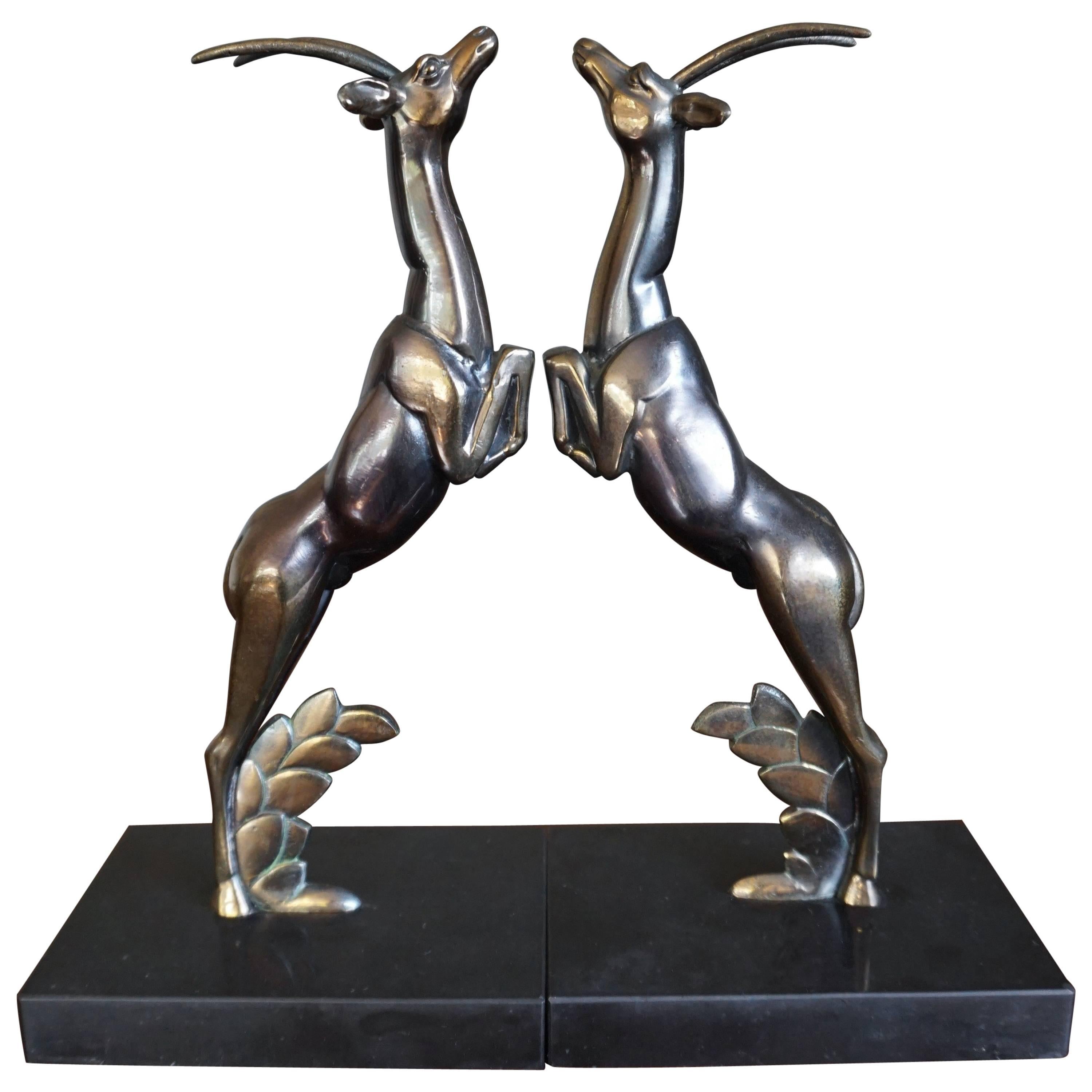 Pair of Art Deco Bookends with Brass Jumping Deer Sculptures on Marble Base