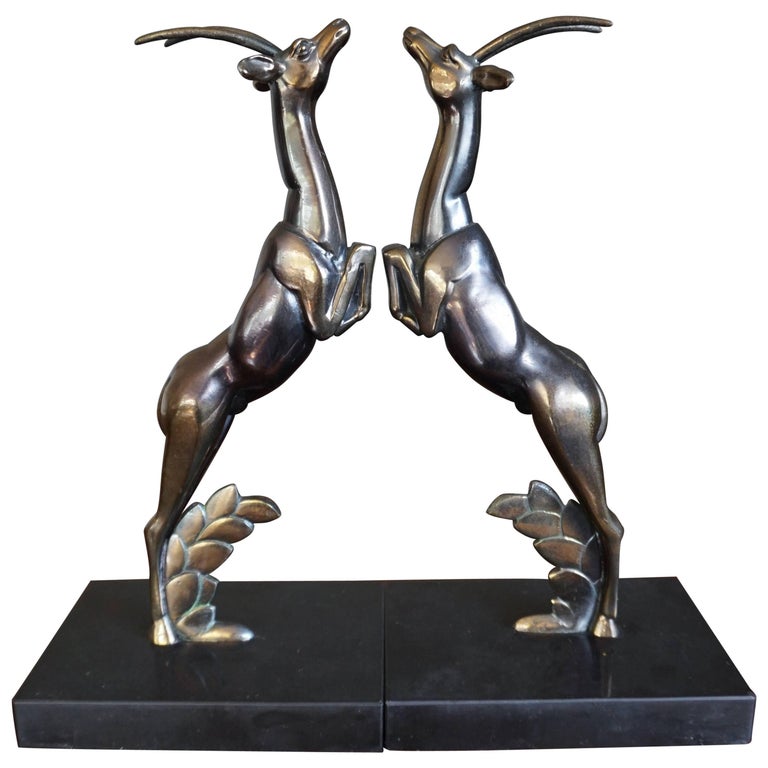 Pair of Art Deco Bookends with Brass Jumping Deer Sculptures on Marble Base For Sale