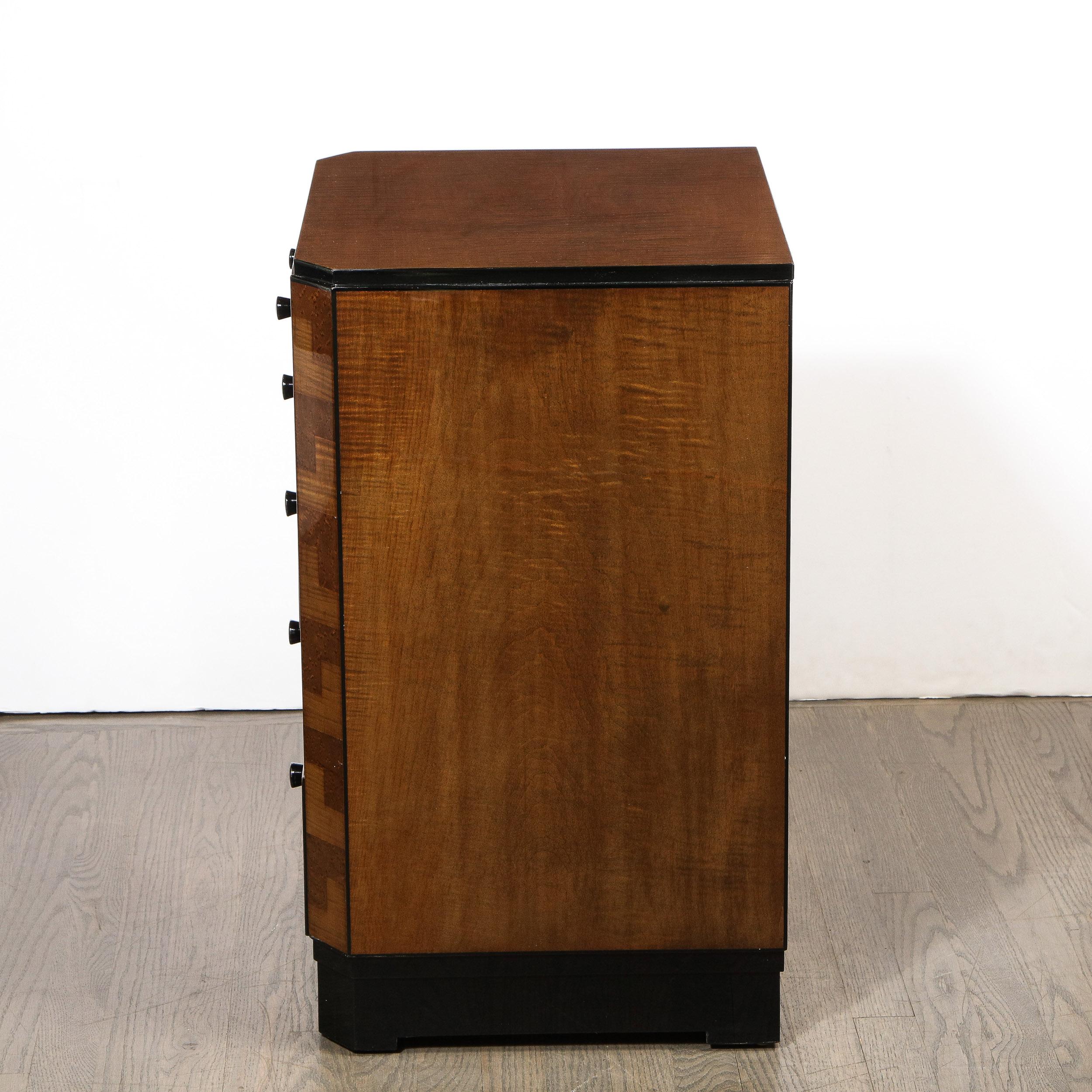 Pair of Art Deco Bookmatched Amboyna & Burled Elm Nightstands with Cubist Detail 7