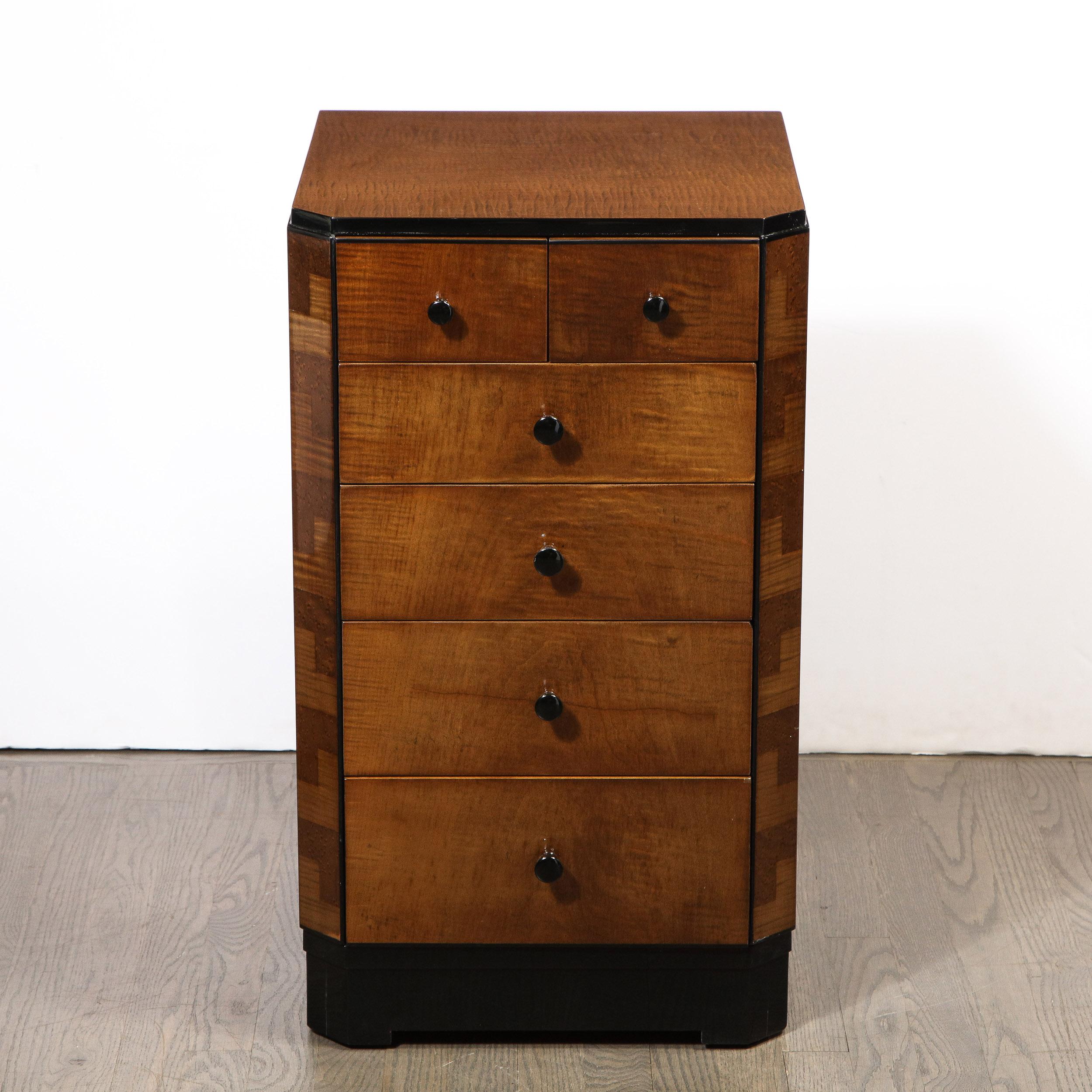 This elegant pair of Art Deco cubist skyscraper style nightstands were custom designed for Mr. Roger Sperry (American neuropsychologist, neurobiologist and Nobel laureate) and his wife in the United States in 1930 by the esteemed Henry Gercken. They