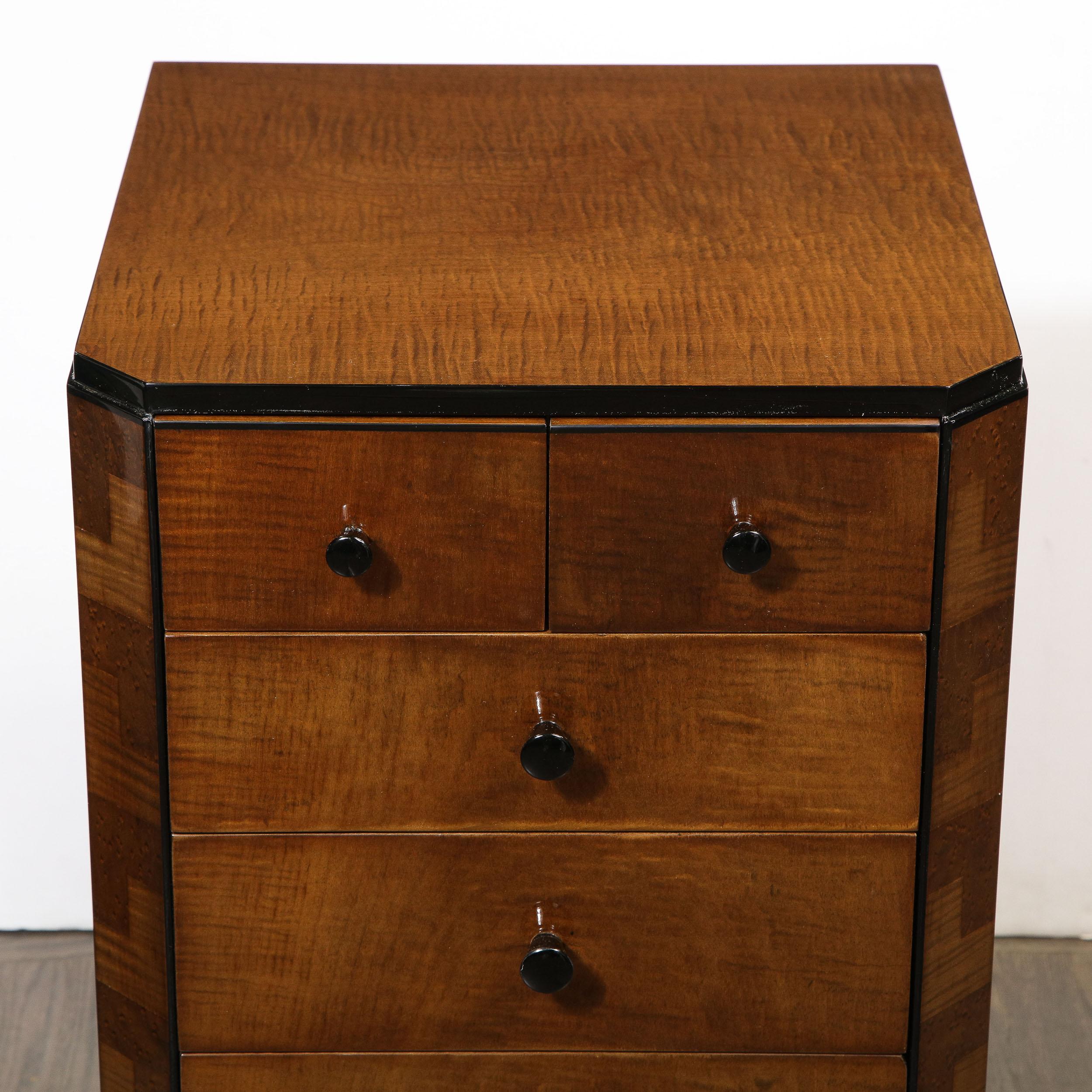 American Pair of Art Deco Bookmatched Amboyna & Burled Elm Nightstands with Cubist Detail