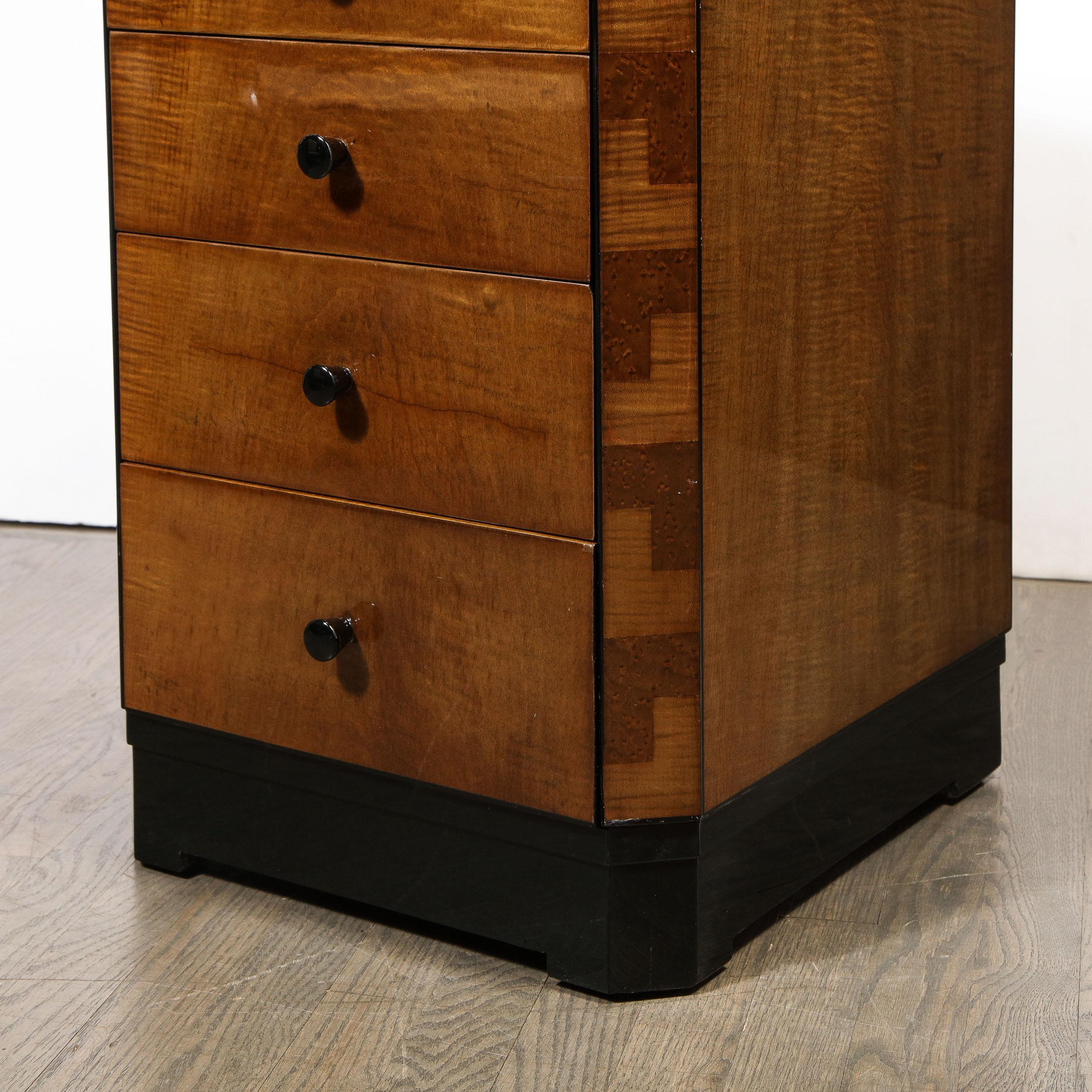 Pair of Art Deco Bookmatched Amboyna & Burled Elm Nightstands with Cubist Detail 2