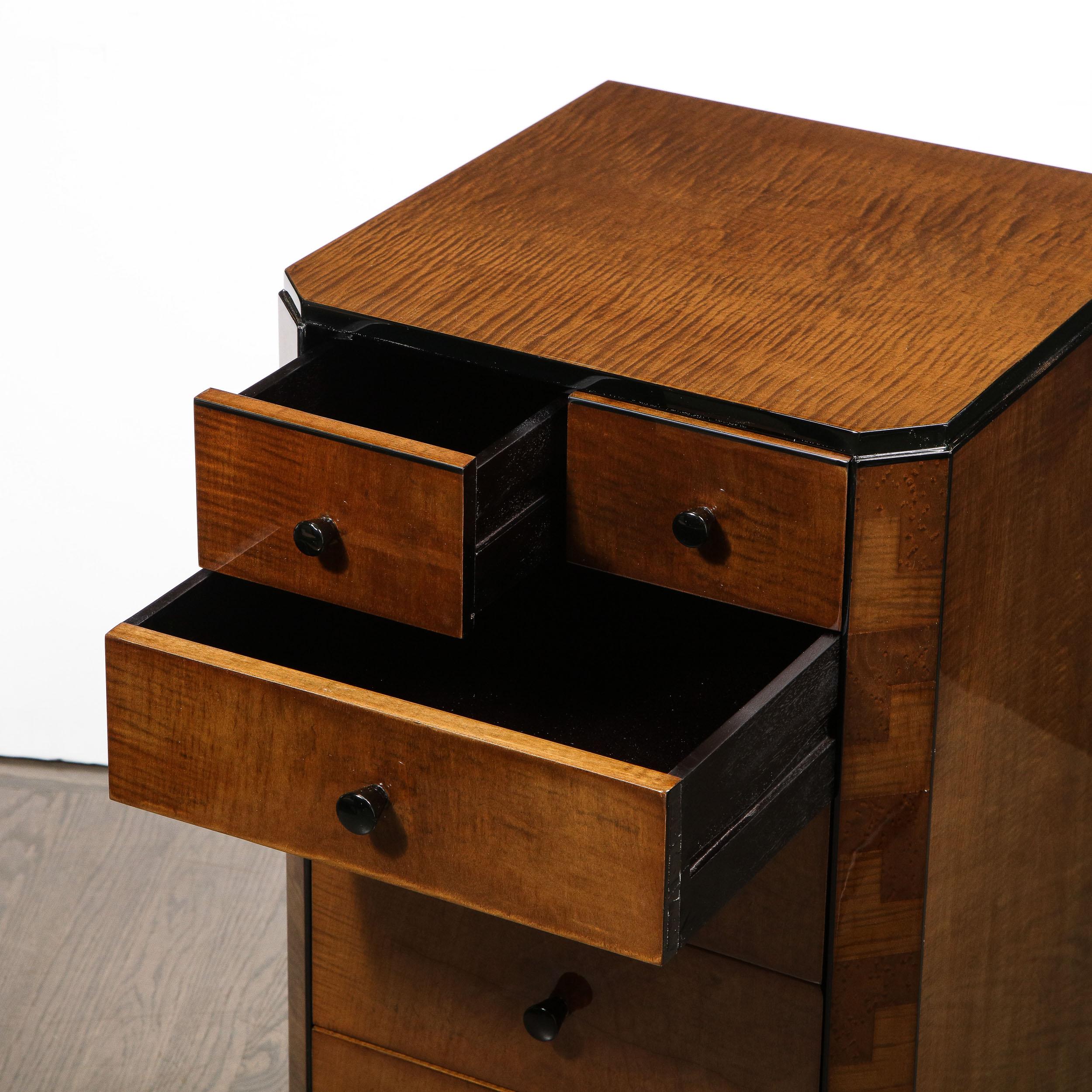 Pair of Art Deco Bookmatched Amboyna & Burled Elm Nightstands with Cubist Detail 3