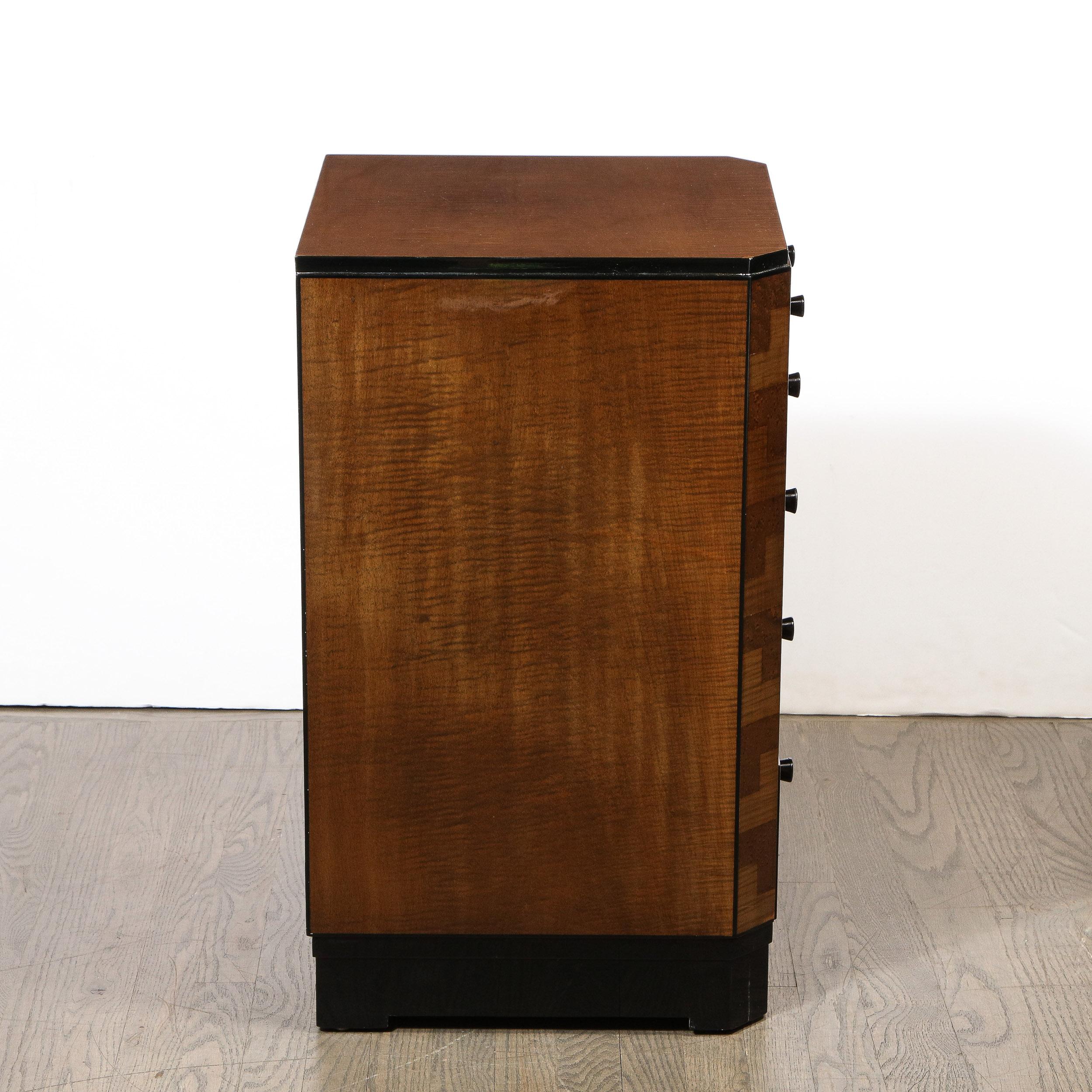 Pair of Art Deco Bookmatched Amboyna & Burled Elm Nightstands with Cubist Detail 4
