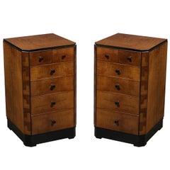 Pair of Art Deco Bookmatched Amboyna & Burled Elm Nightstands with Cubist Detail