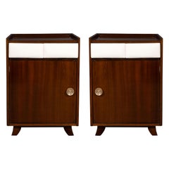 Pair of Art Deco Bookmatched Mahogany and Leather Nightstands by Gilbert Rohde