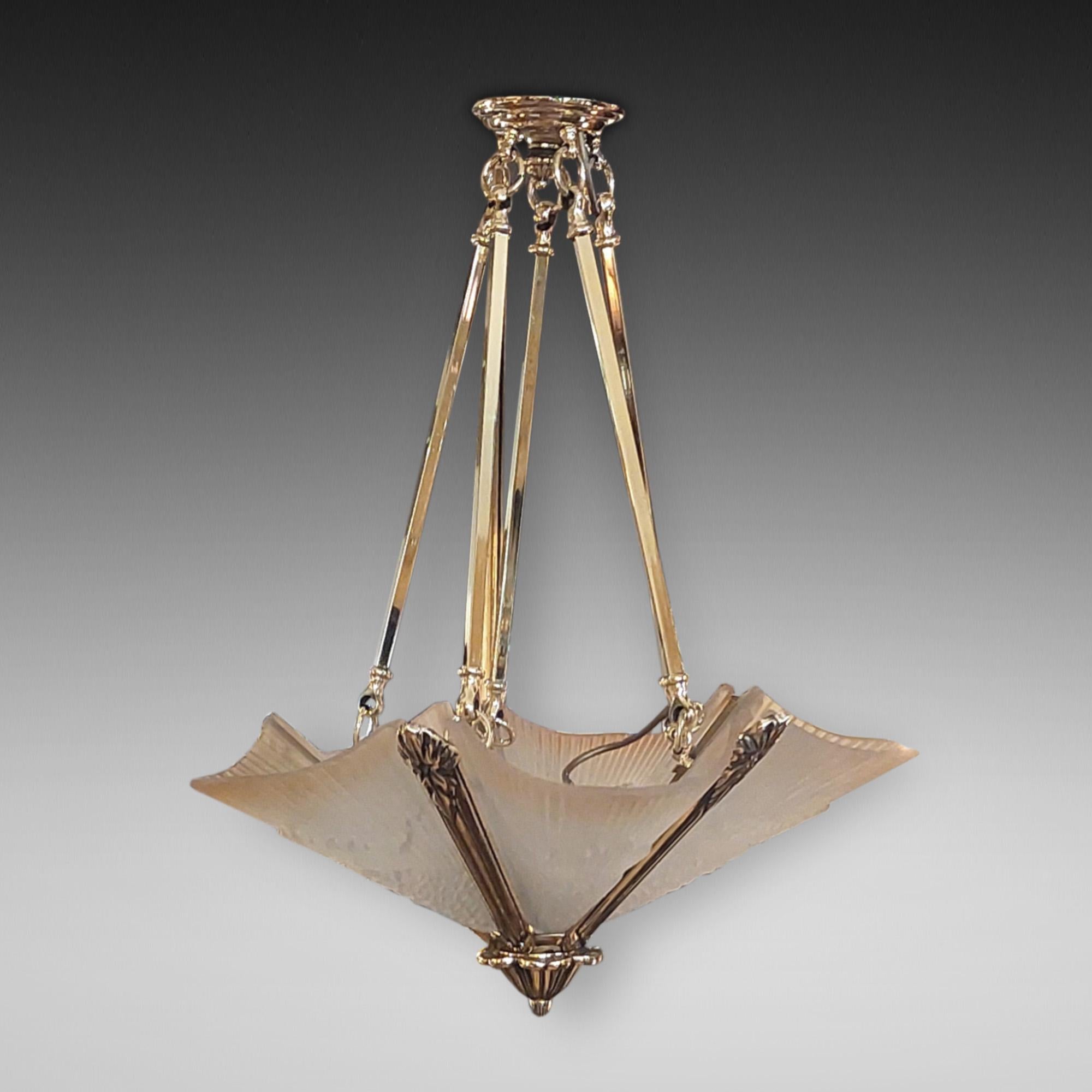 Pair of Art Deco Brass an Smoked Glass Ceiling Fittings of Pentagonal Form with ceiling rose and hook fitting - 21