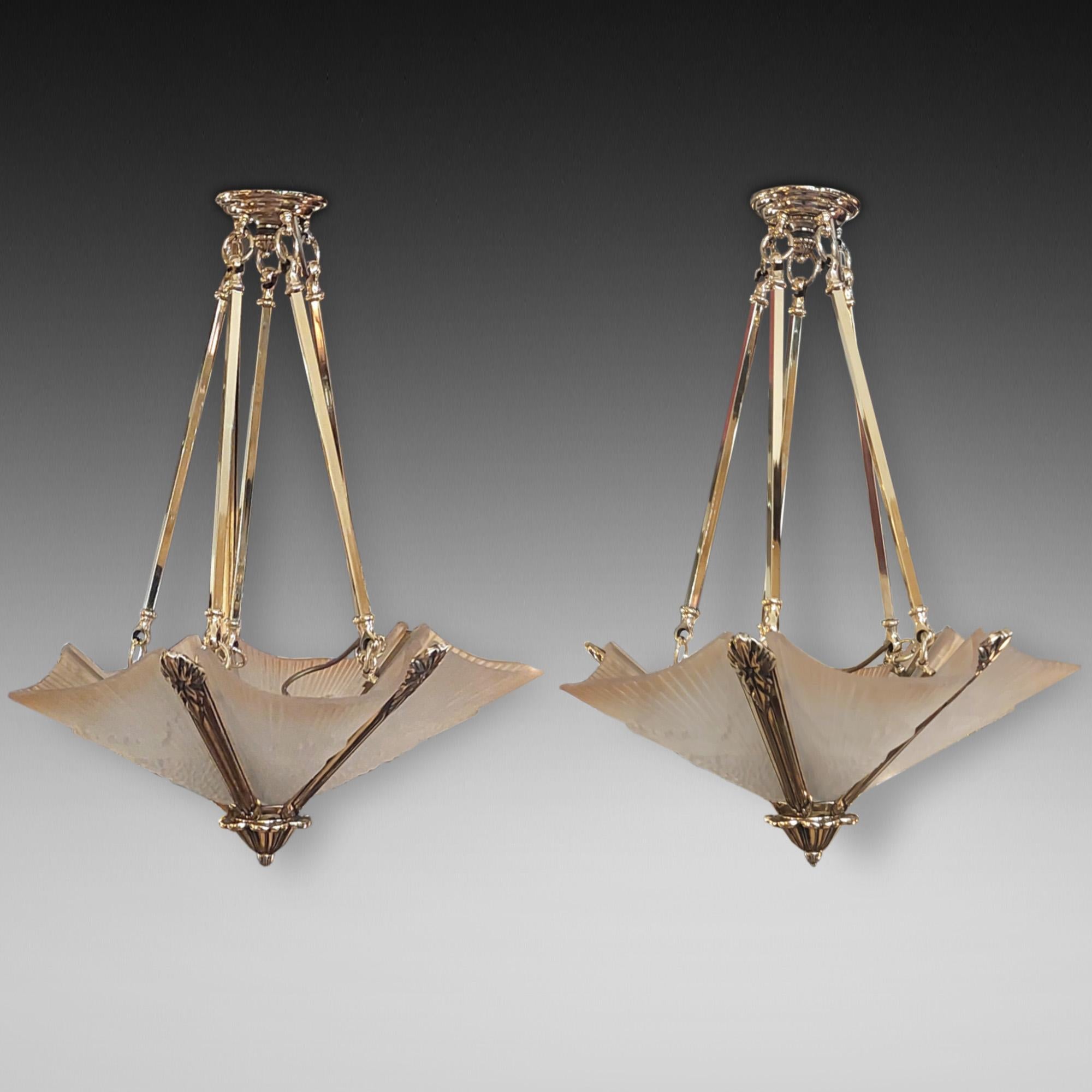 English Pair of Art Deco Brass an Smoked Glass Ceiling Fittings For Sale