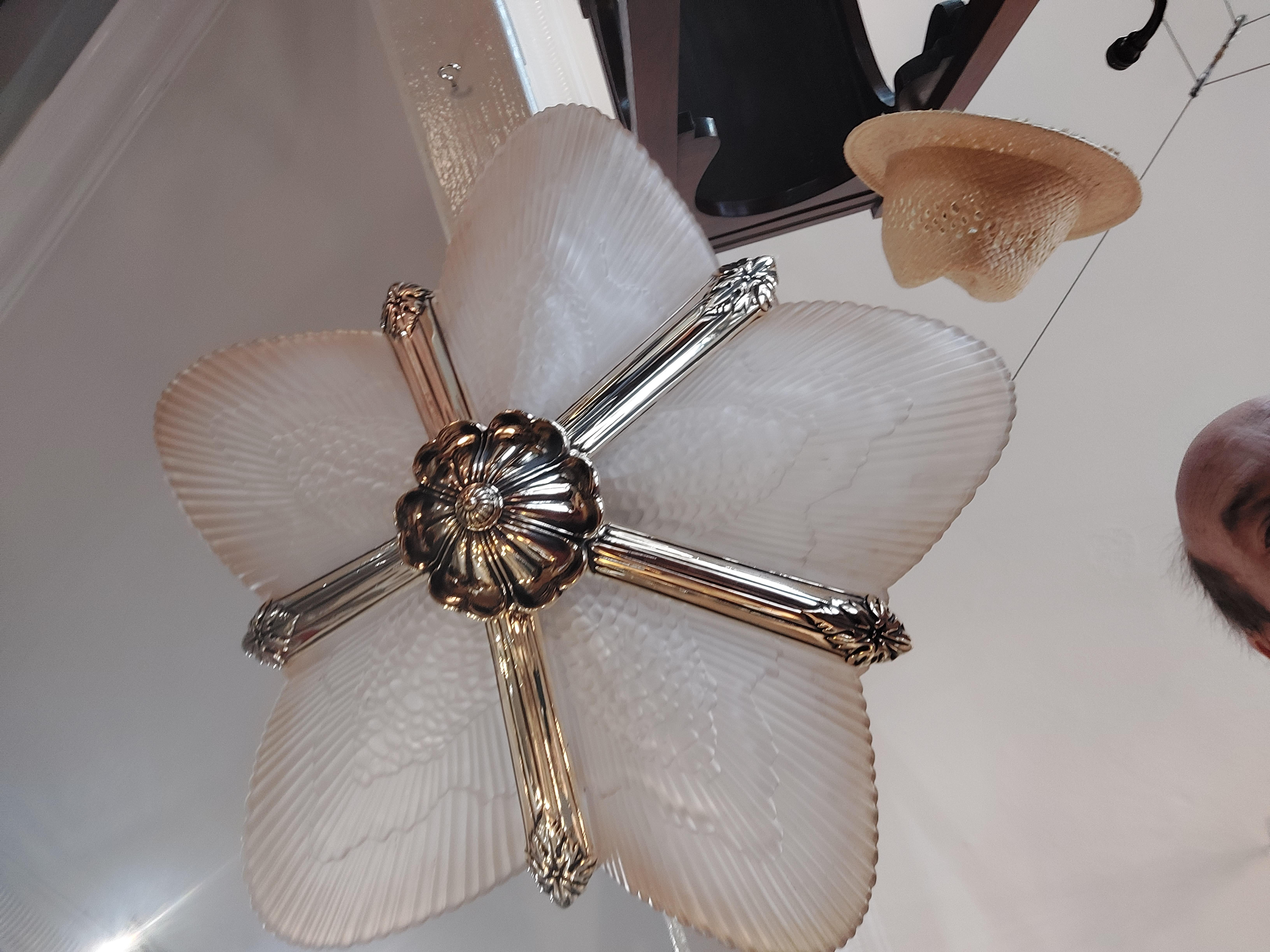 Pair of Art Deco Brass an Smoked Glass Ceiling Fittings In Good Condition For Sale In Altrincham, GB