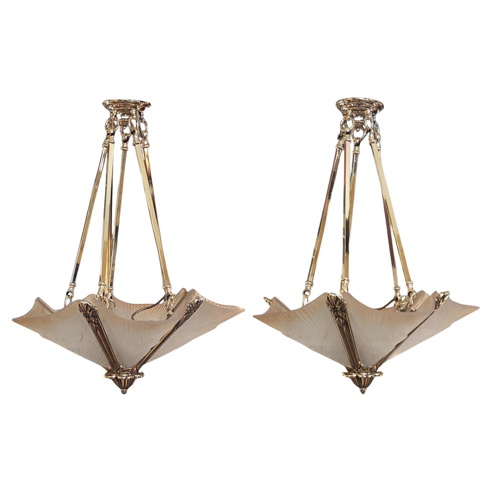 Pair of Art Deco Brass an Smoked Glass Ceiling Fittings For Sale