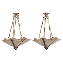 Pair of Art Deco Brass an Smoked Glass Ceiling Fittings