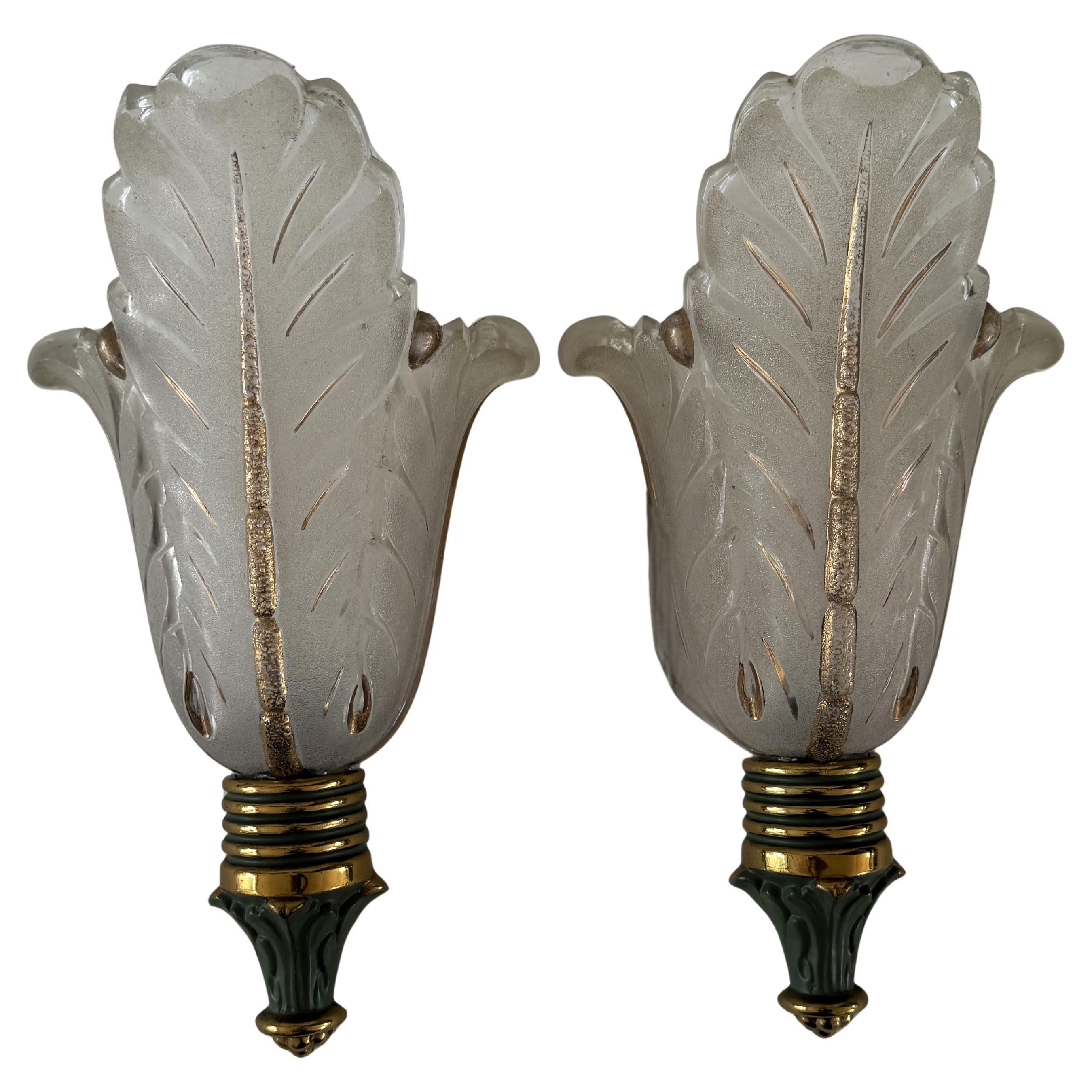 Pair of Art Deco Brass and Glass Sconces by Ezan, France, circa 1940s