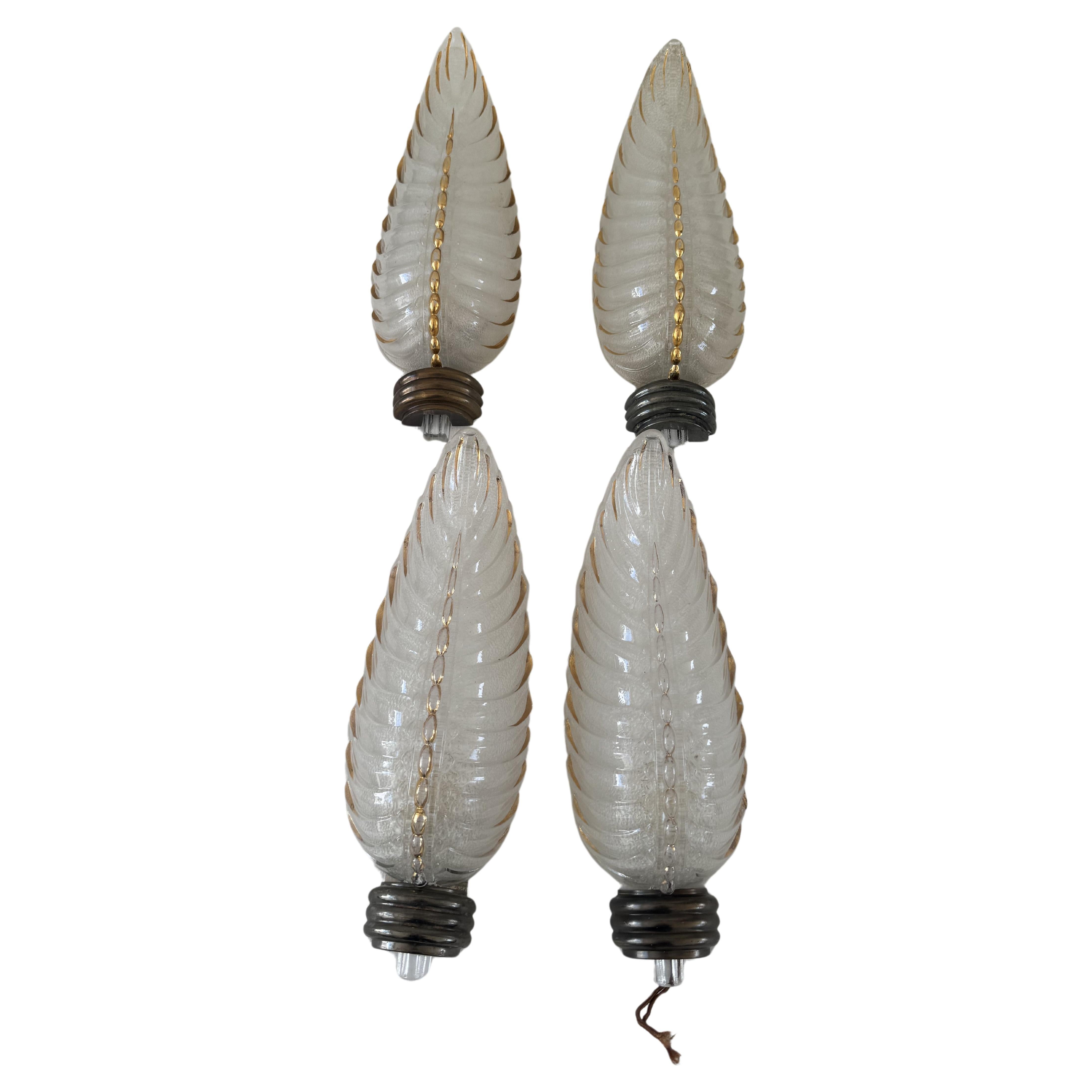 Pair of Art Deco Brass and Glass Sconces Signed by Ezan, France, circa 1940s