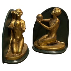 Pair of Art Deco Brass and Metal Nude Woman with Sphere Figurative Bookends