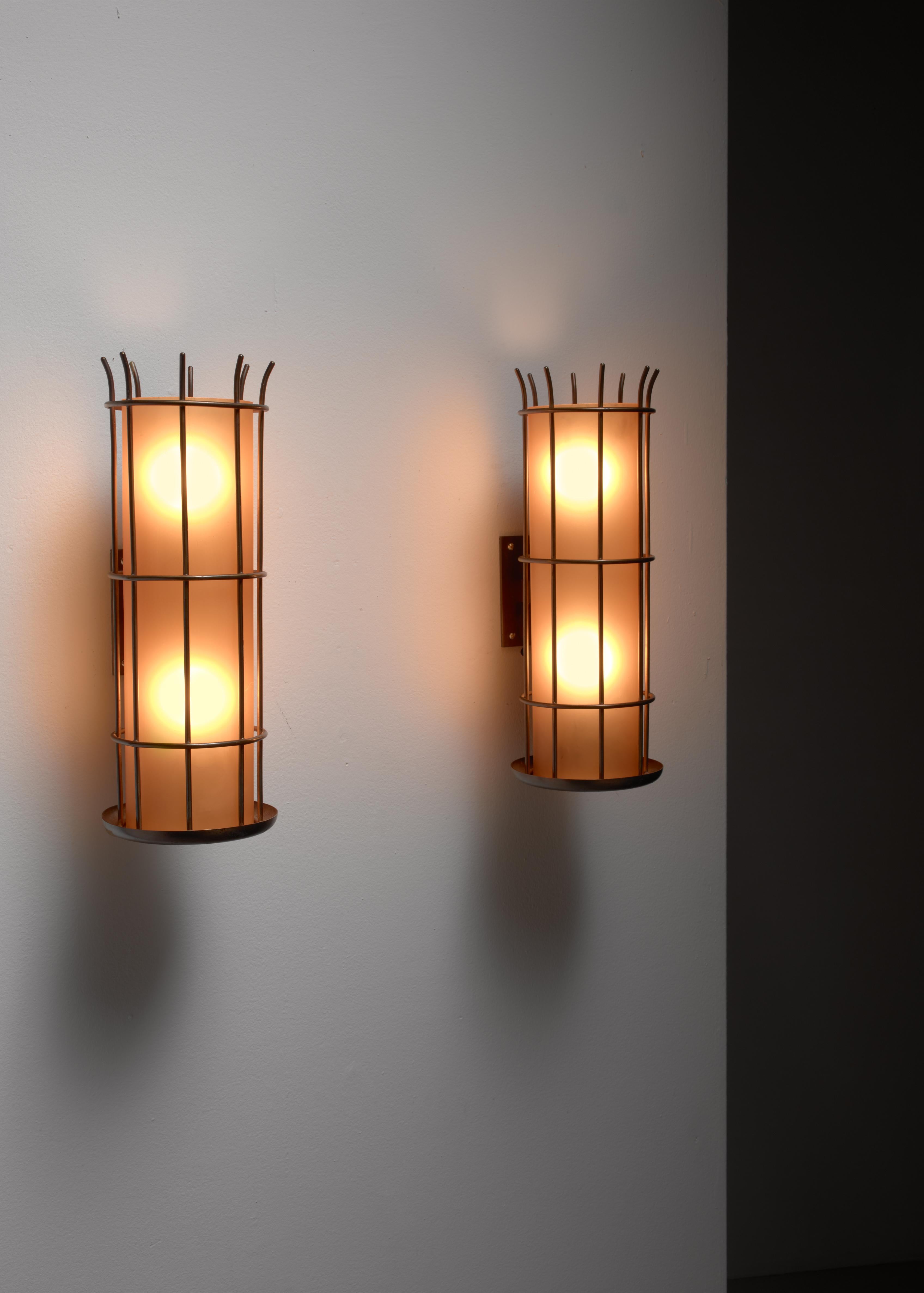 Swedish Pair of Art Deco Brass and Orange Glass Wall lamps, Sweden, 1930s