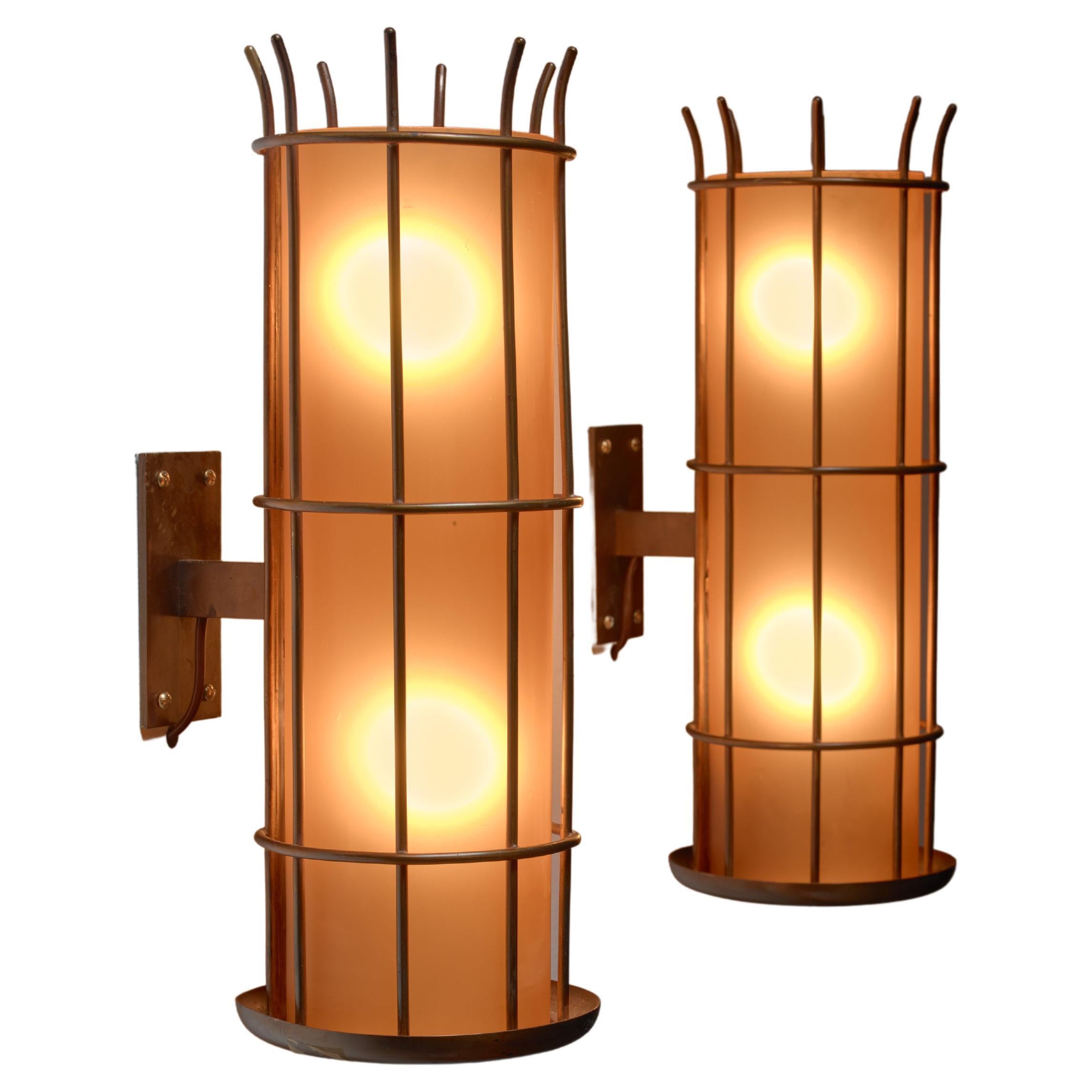 Pair of Art Deco Brass and Orange Glass Wall lamps, Sweden, 1930s