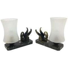 Pair of Art Deco Brass and Portoro Marble Italian Bedside Lamps, 1930