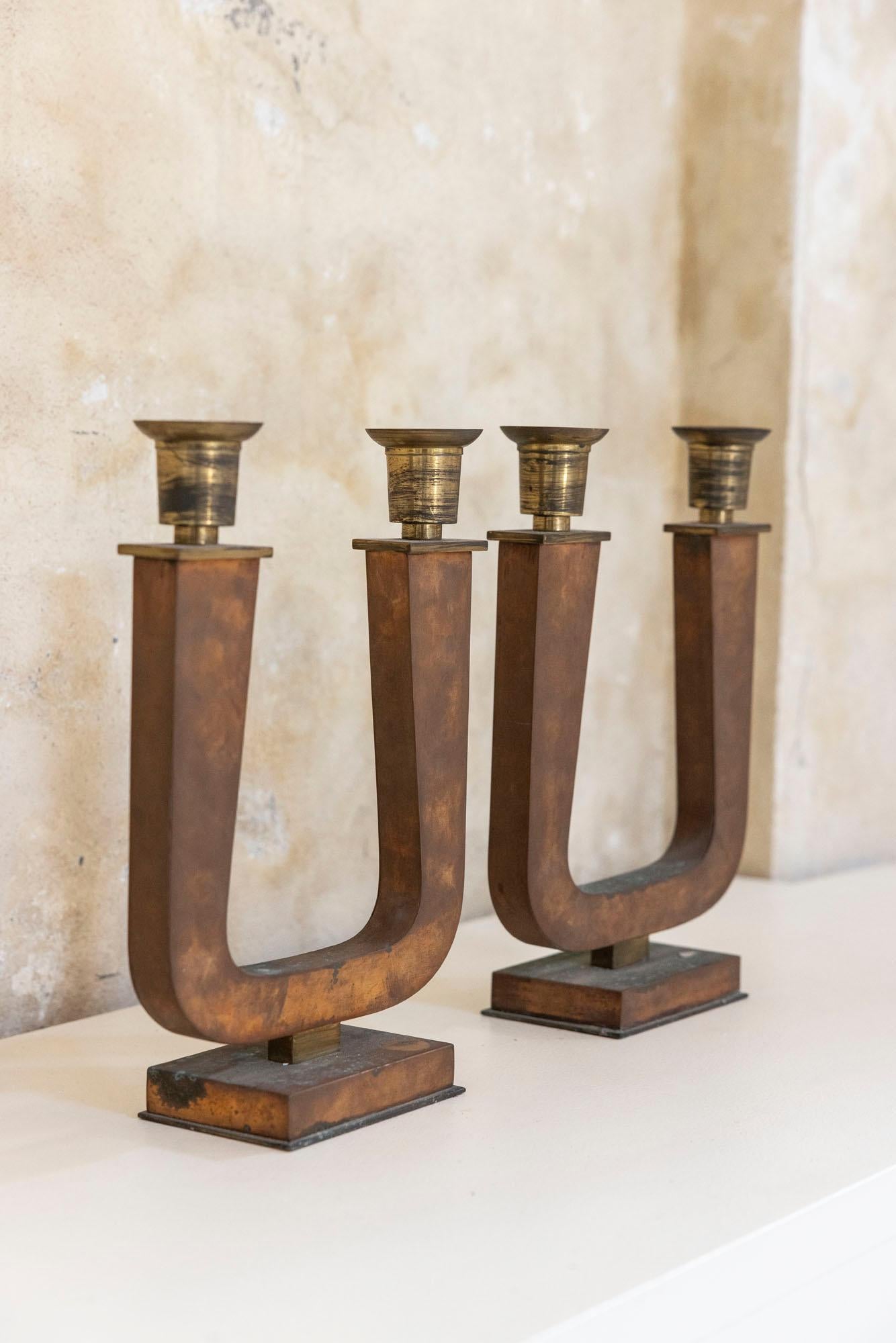 Pair of Art Deco Brass Candelabra, Italy 1930 For Sale 1