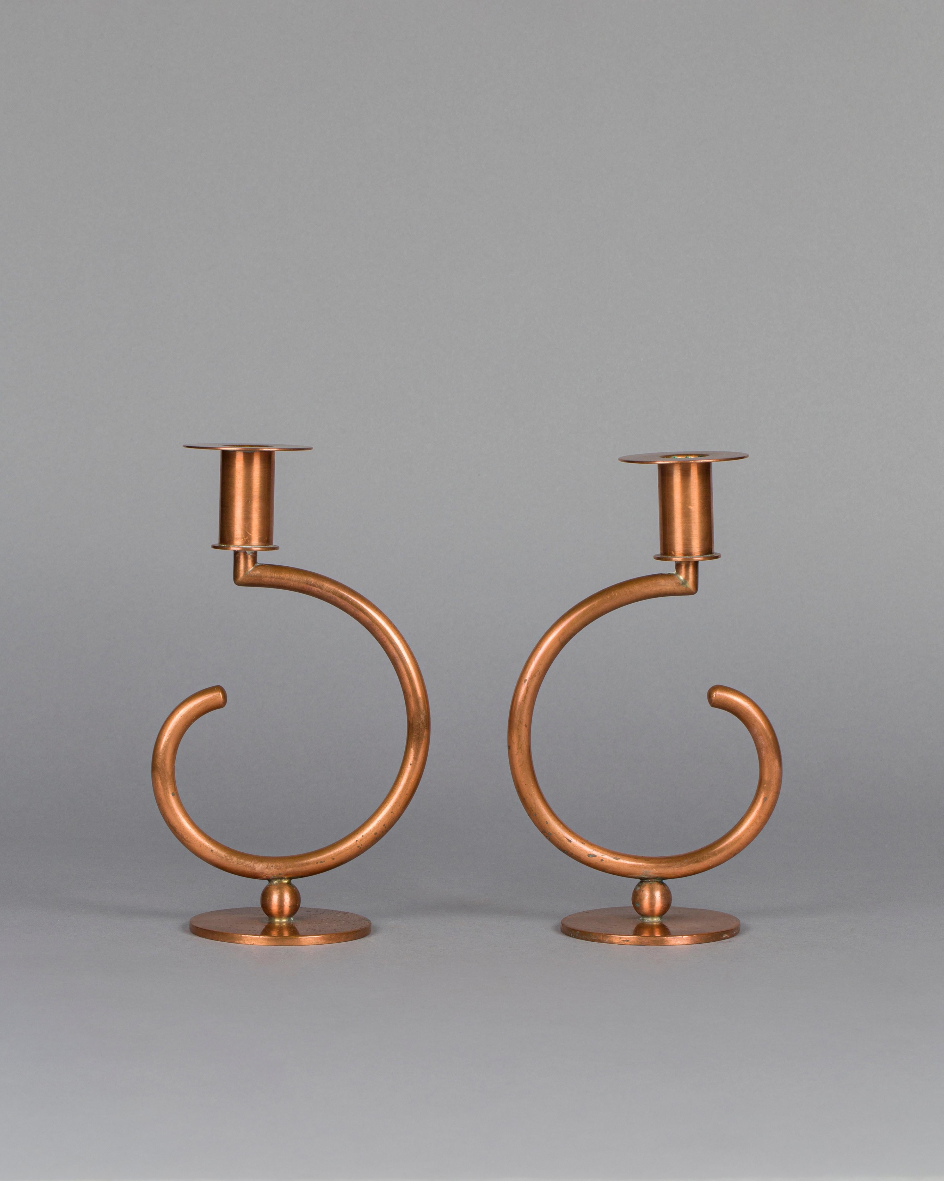 Albert Reimann
Pair of Candlesticks, 1931
Model 21007
Manufactured by Chase Brass & Copper Co.
Brass
Impressed manufacturer's mark to underside of each example ‘Chase Design by Reimann’.

Literature: Chase Complete: Deco Specialties of the