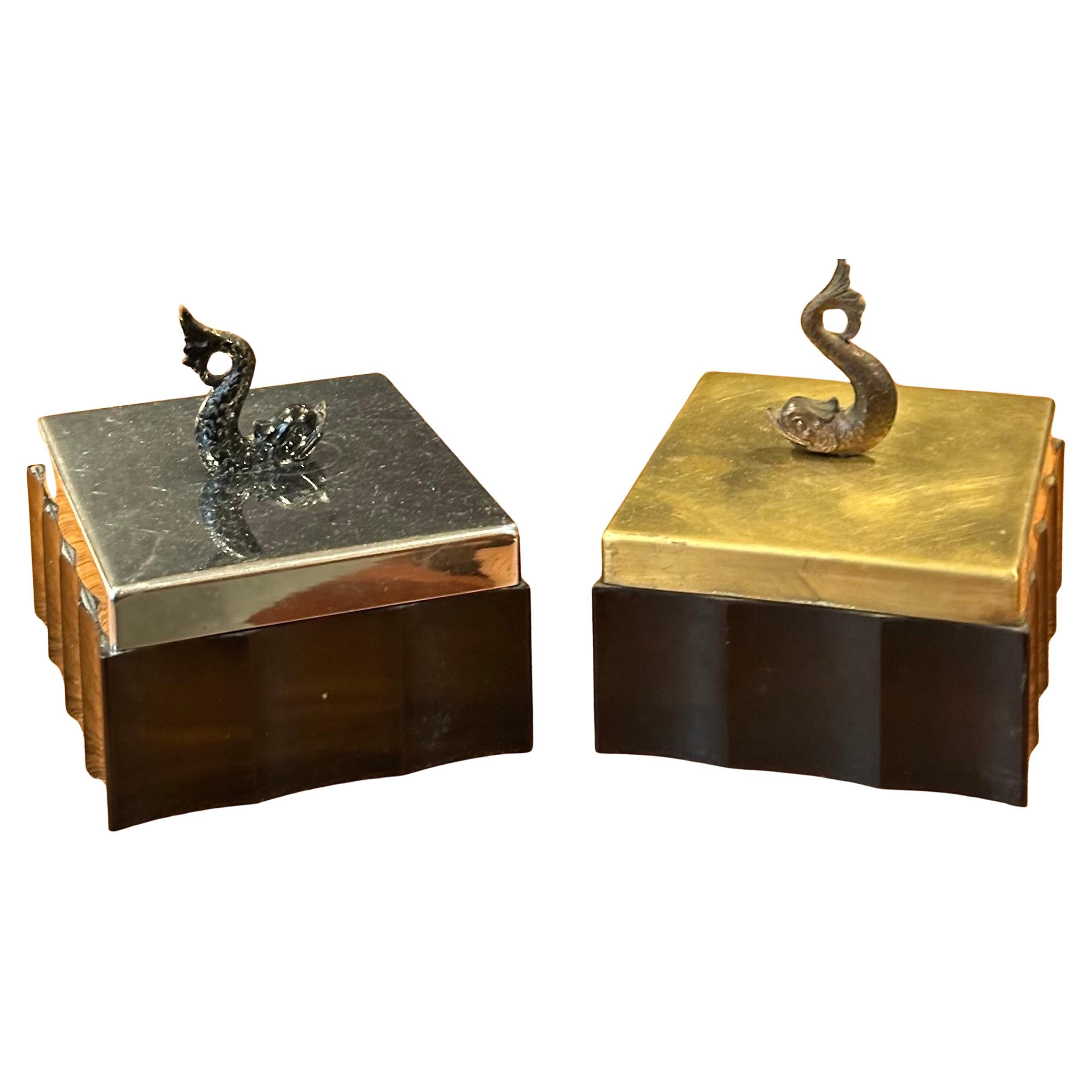 Pair of Art Deco Brass, Chrome 
Black Bakelite Trinket Boxes by Chase 
Co. For Sale