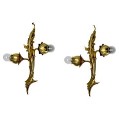 Vintage Pair of Art Deco Brass Floral Sconces, Spain, 1960