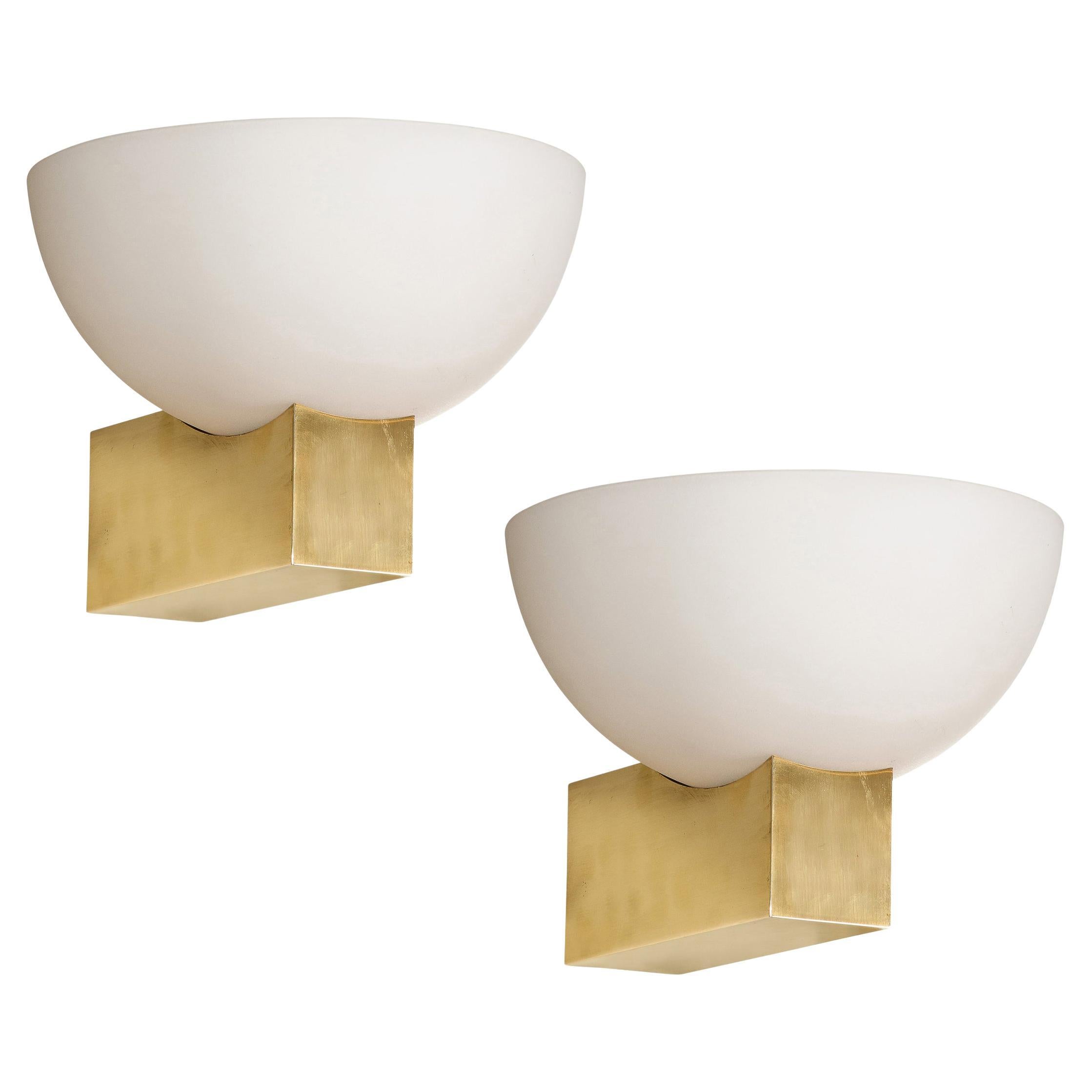 Pair of Art Deco Brass & Frosted Glass Reverse Dome Sconces Signed Jean Perzel For Sale