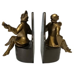 Pair of Art Deco Brass Harlequin or Clown Musician Bookends on Metal Base