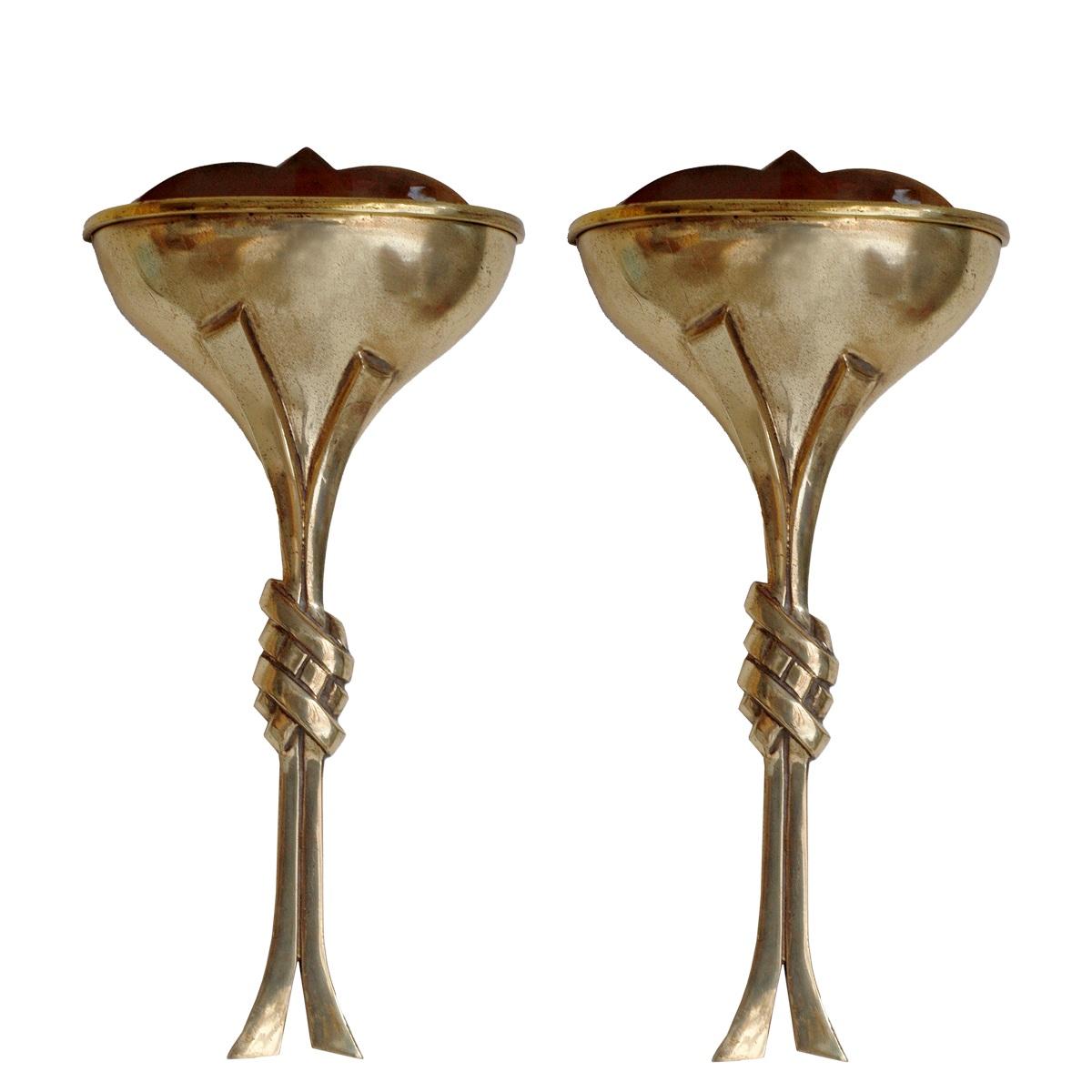 Coppia di lampade da parete a stelo annodato in ottone Art Deco In condizioni buone in vendita a London, GB