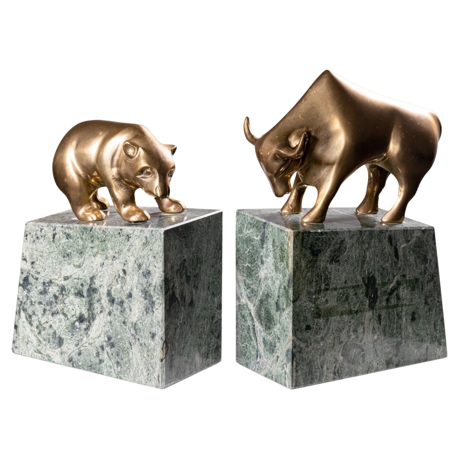 Pair of Art Deco Brass & Marble Bull and Bear Bookends For Sale