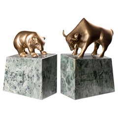 Used Pair of Art Deco Brass & Marble Bull and Bear Bookends