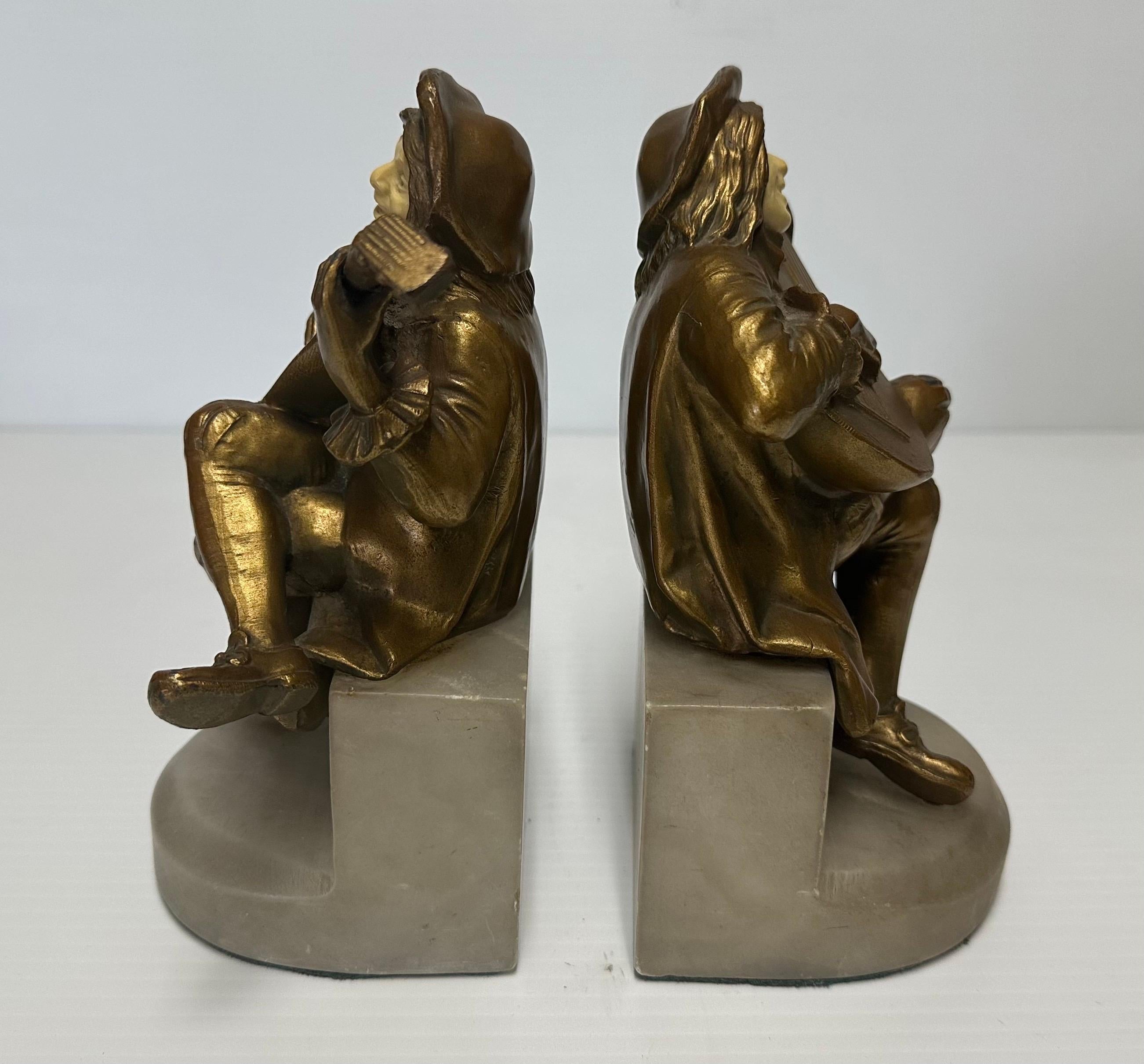 Pair of Art Deco Brass Minstrel Bookends on Marble Attributed to DAV ART NY in vendita 3