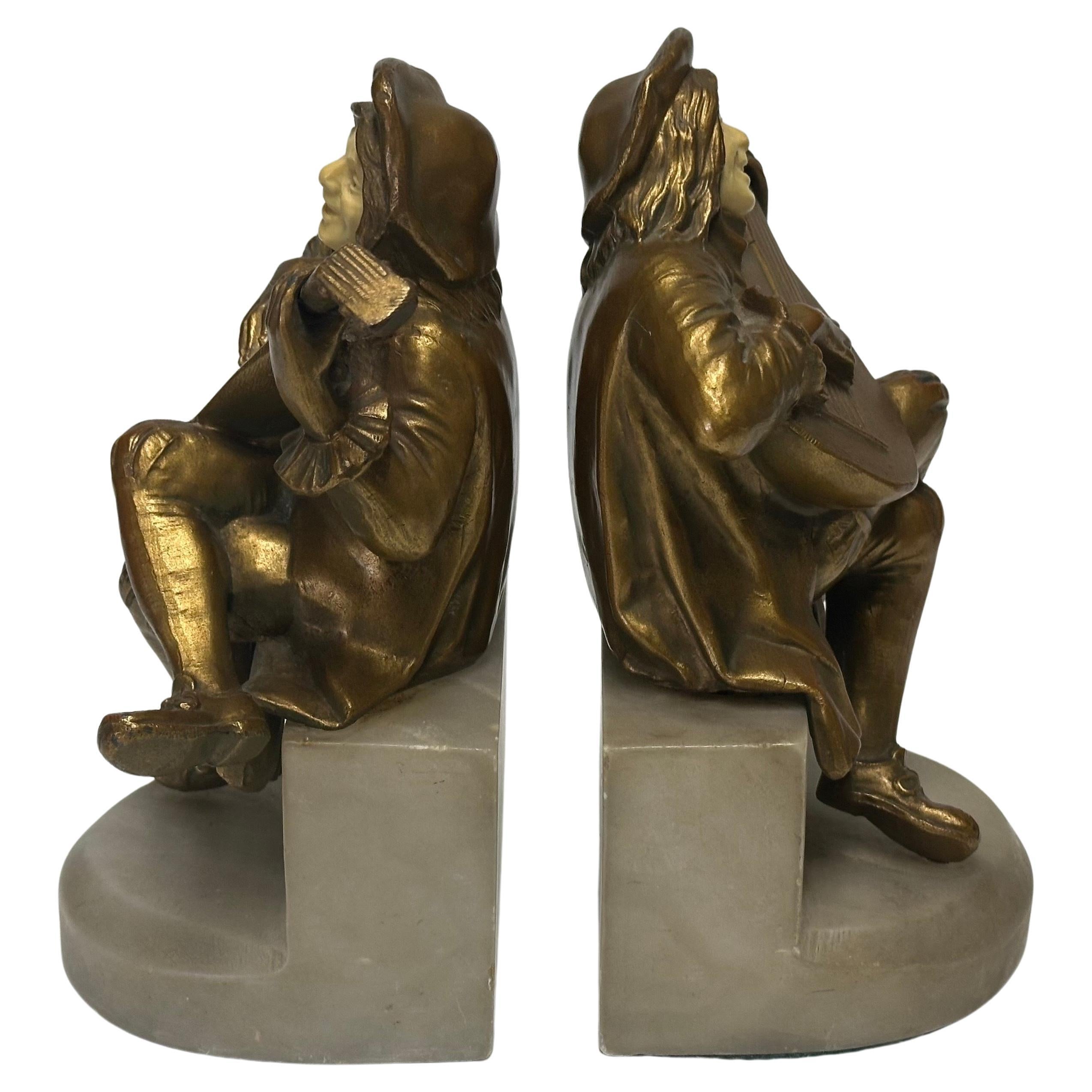 Americano Pair of Art Deco Brass Minstrel Bookends on Marble Attributed to DAV ART NY in vendita