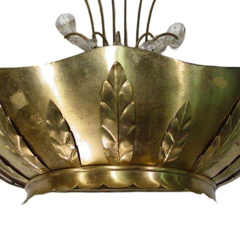 American Pair of Art Deco Brass Palm Wall Sconce with Crystal Arms For Sale