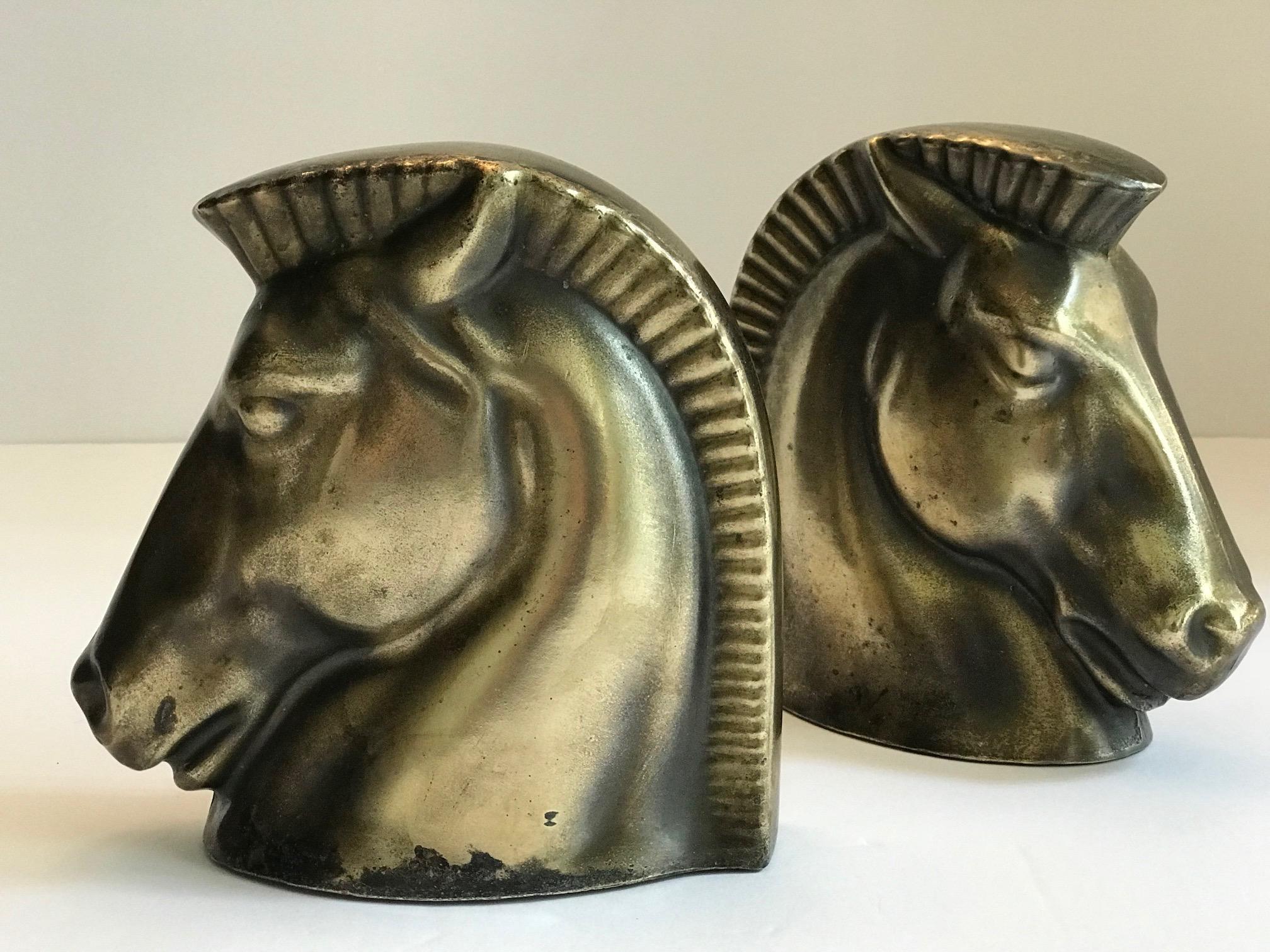 Pair of Art Deco Brass Plated Trojan Horse Bookends by Frankart 7