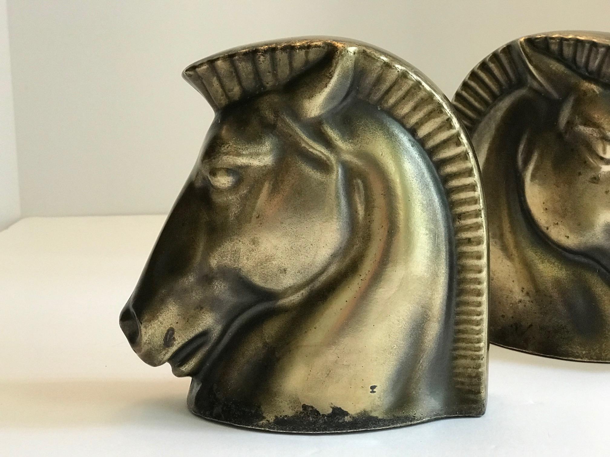 Pair of Art Deco Brass Plated Trojan Horse Bookends by Frankart 8
