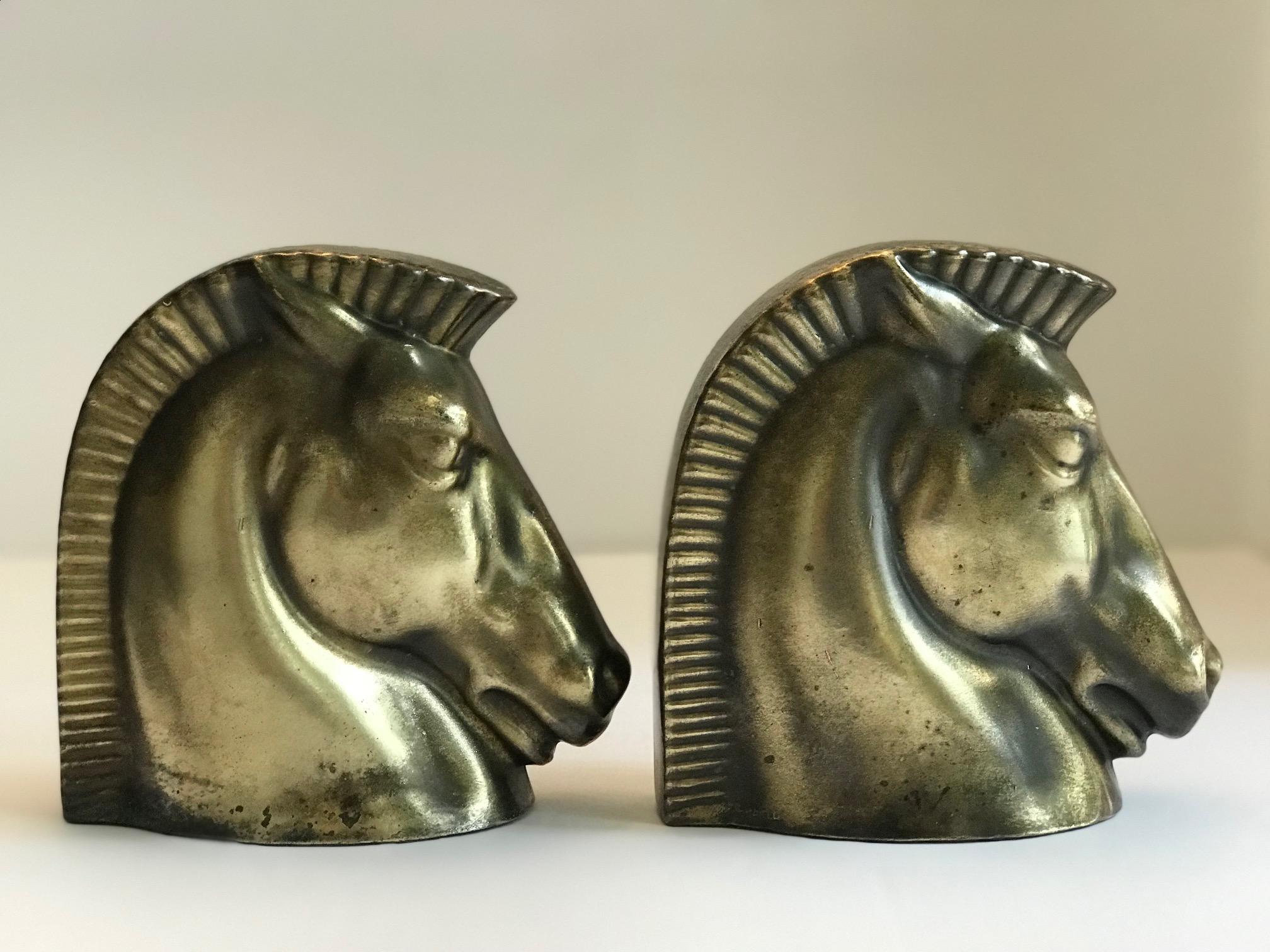 Pair of Art Deco Brass Plated Trojan Horse Bookends by Frankart 9