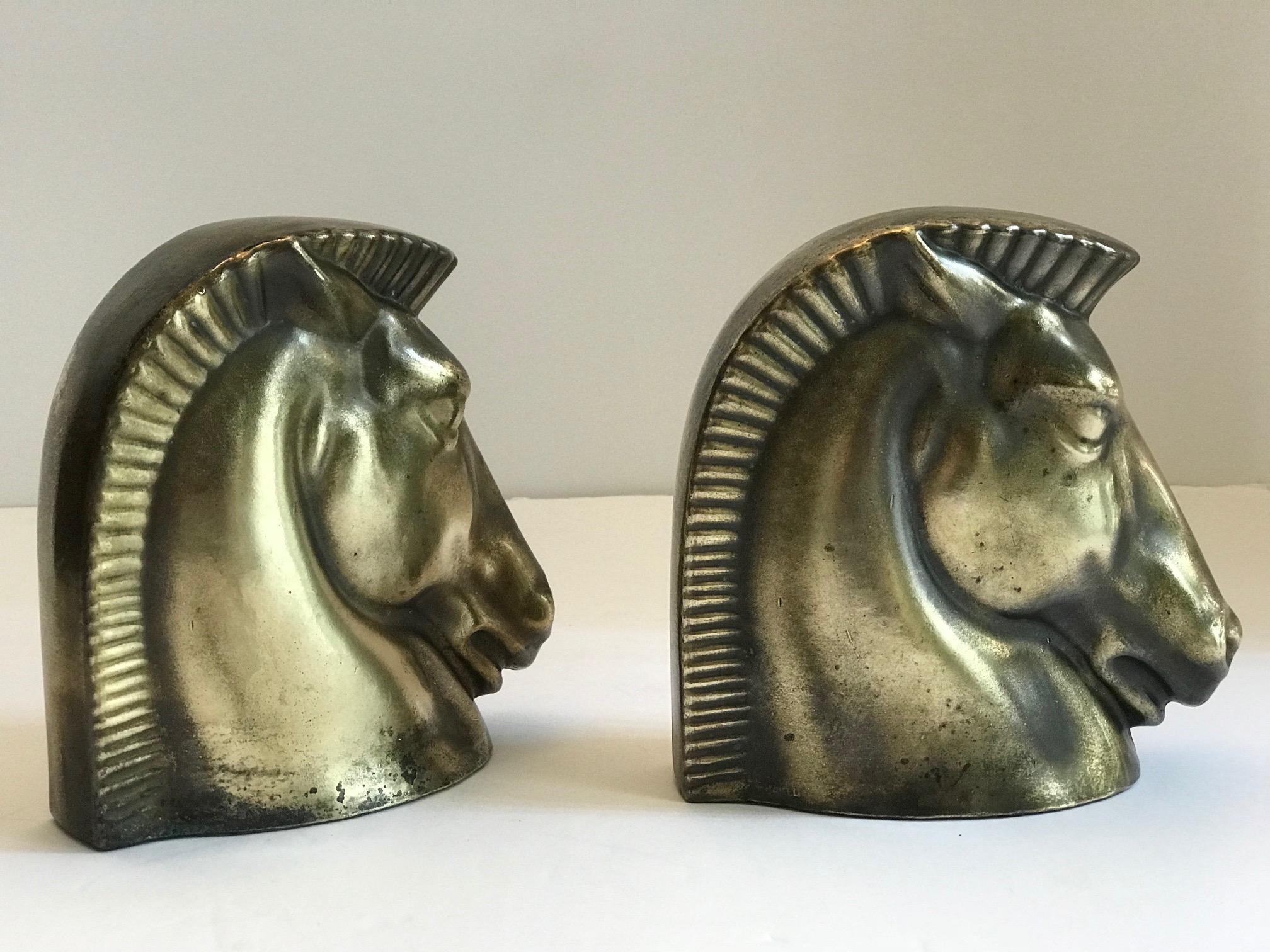 Pair of Art Deco Brass Plated Trojan Horse Bookends by Frankart 10