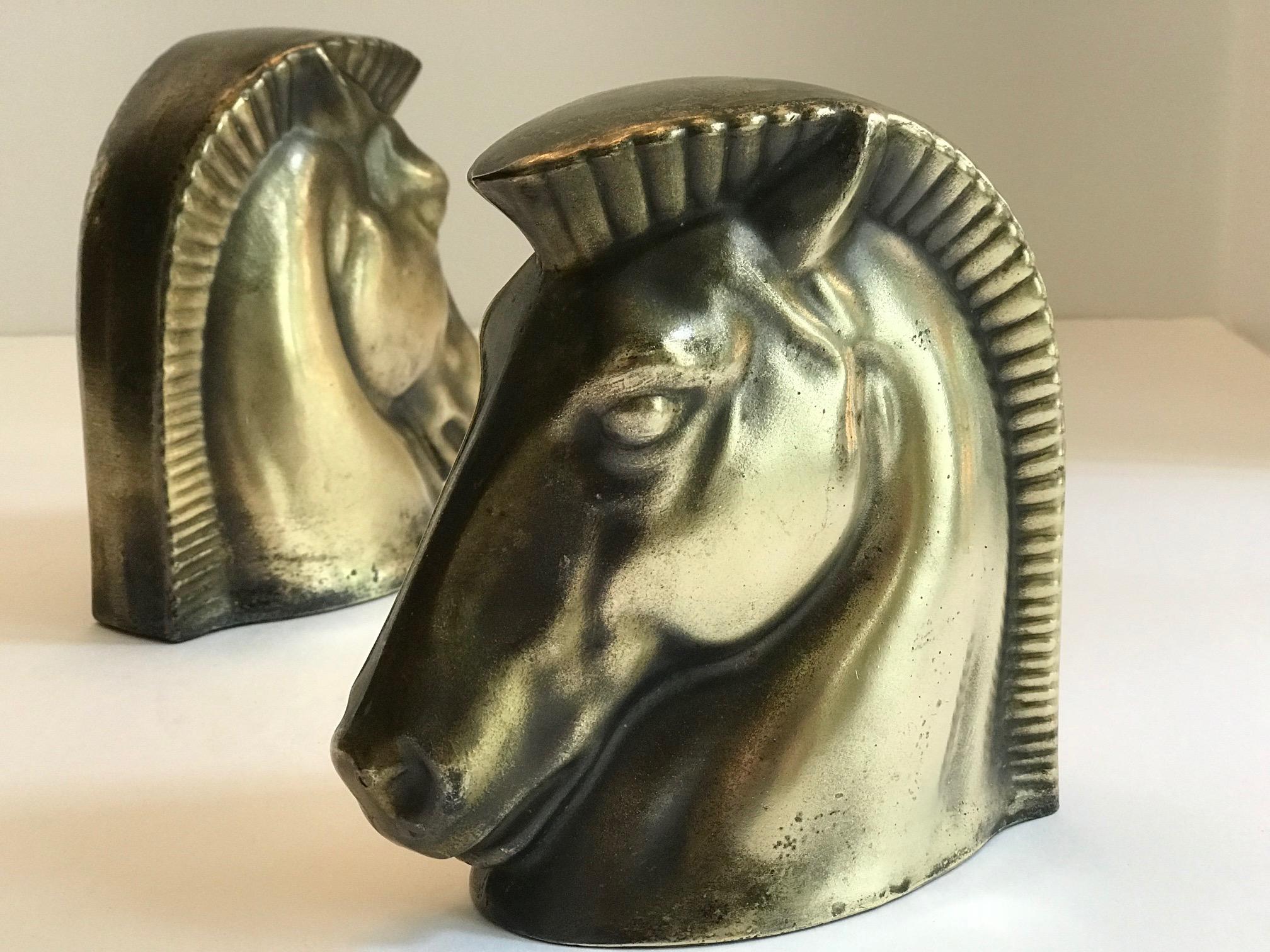 Pair of Art Deco Brass Plated Trojan Horse Bookends by Frankart 11