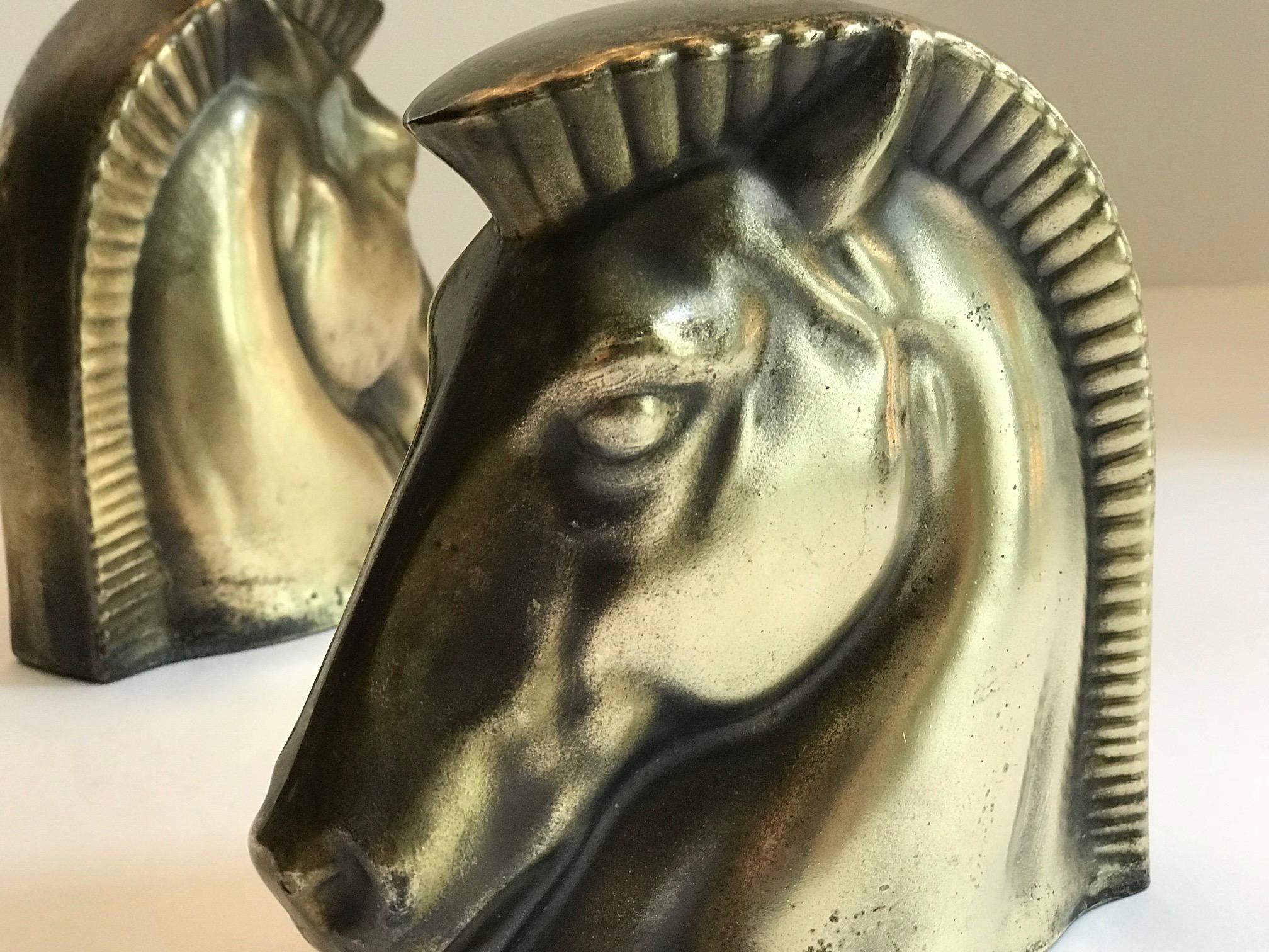 Pair of Art Deco Brass Plated Trojan Horse Bookends by Frankart 12