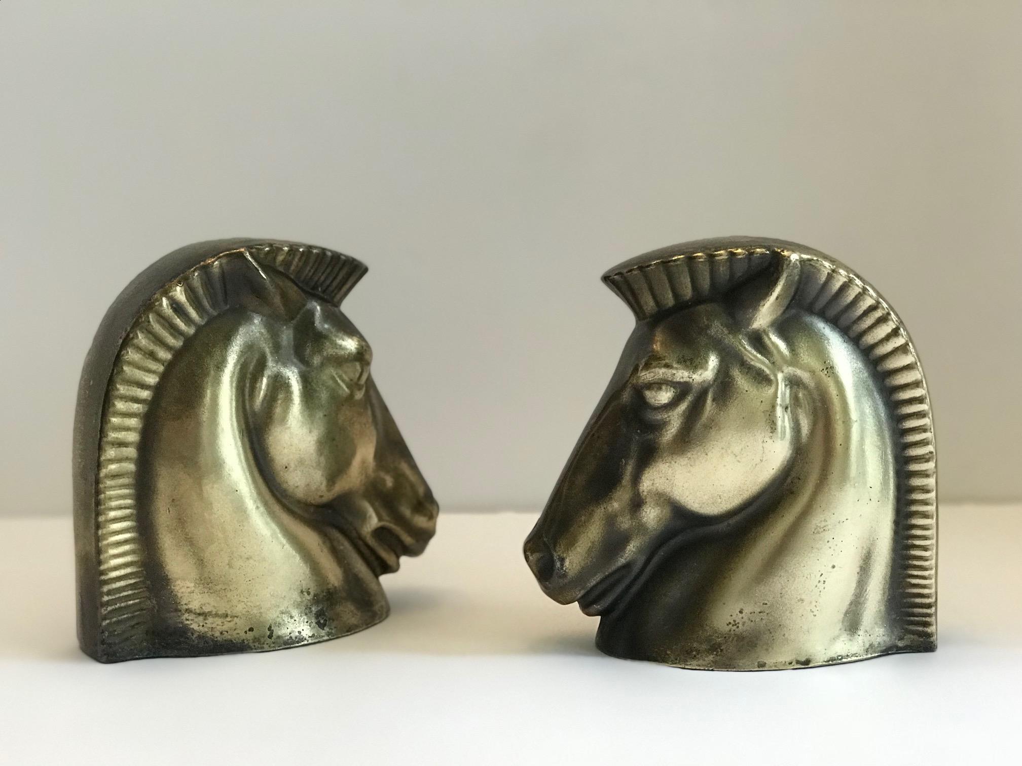 Forged Pair of Art Deco Brass Plated Trojan Horse Bookends by Frankart