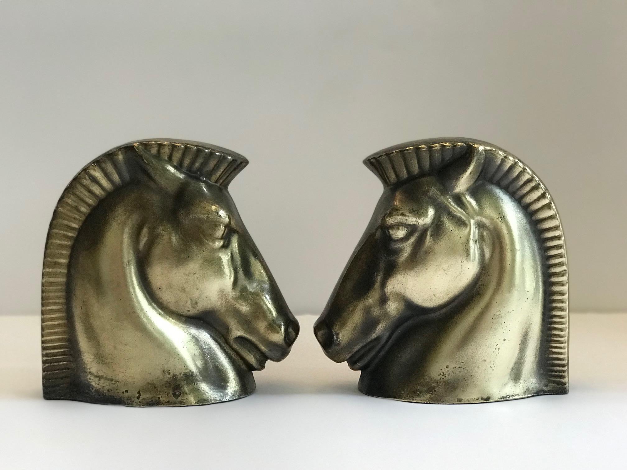 Pair of Art Deco Brass Plated Trojan Horse Bookends by Frankart In Fair Condition In Fort Lauderdale, FL