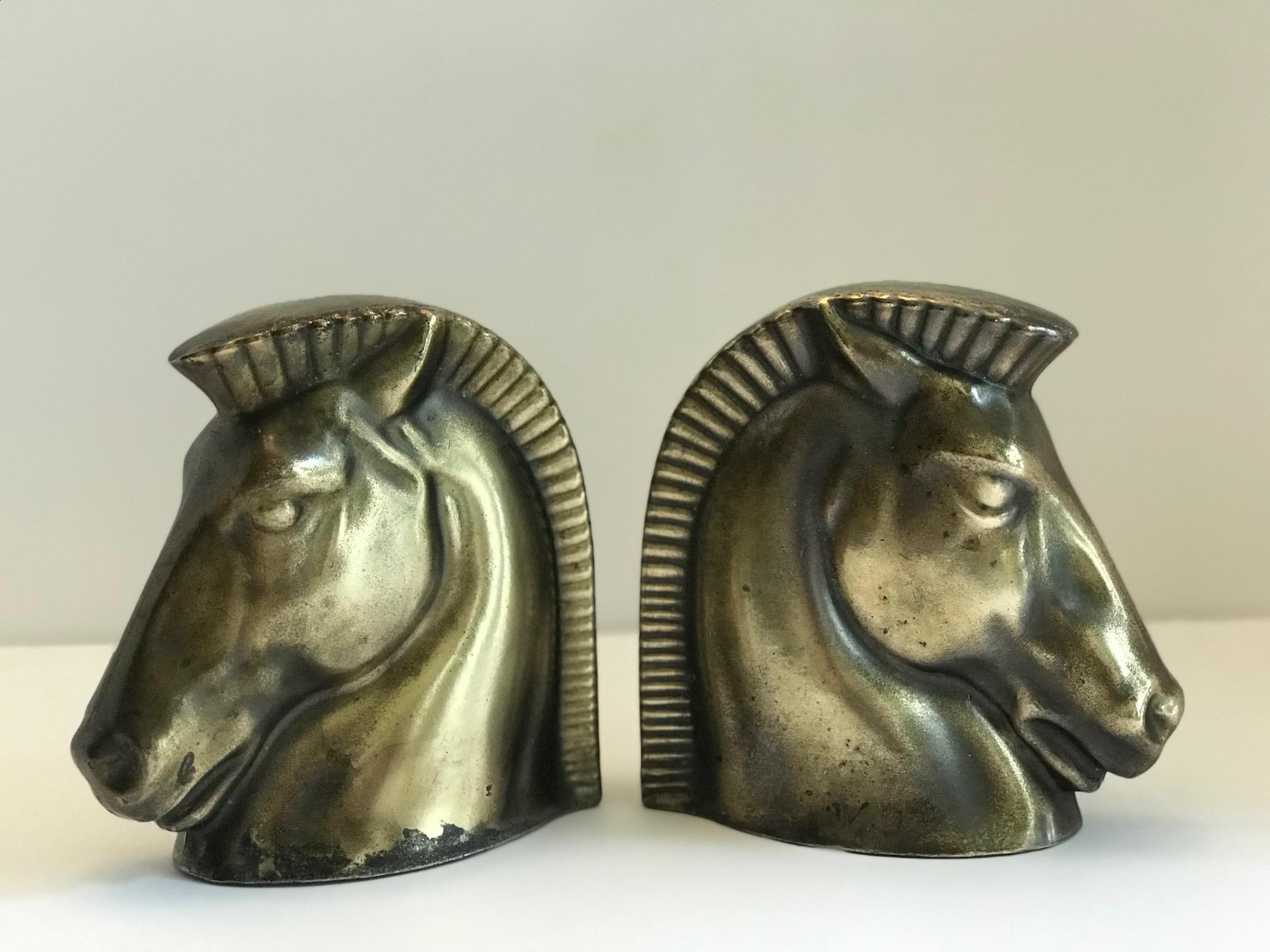 Pair of Art Deco Brass Plated Trojan Horse Bookends by Frankart In Fair Condition In Fort Lauderdale, FL