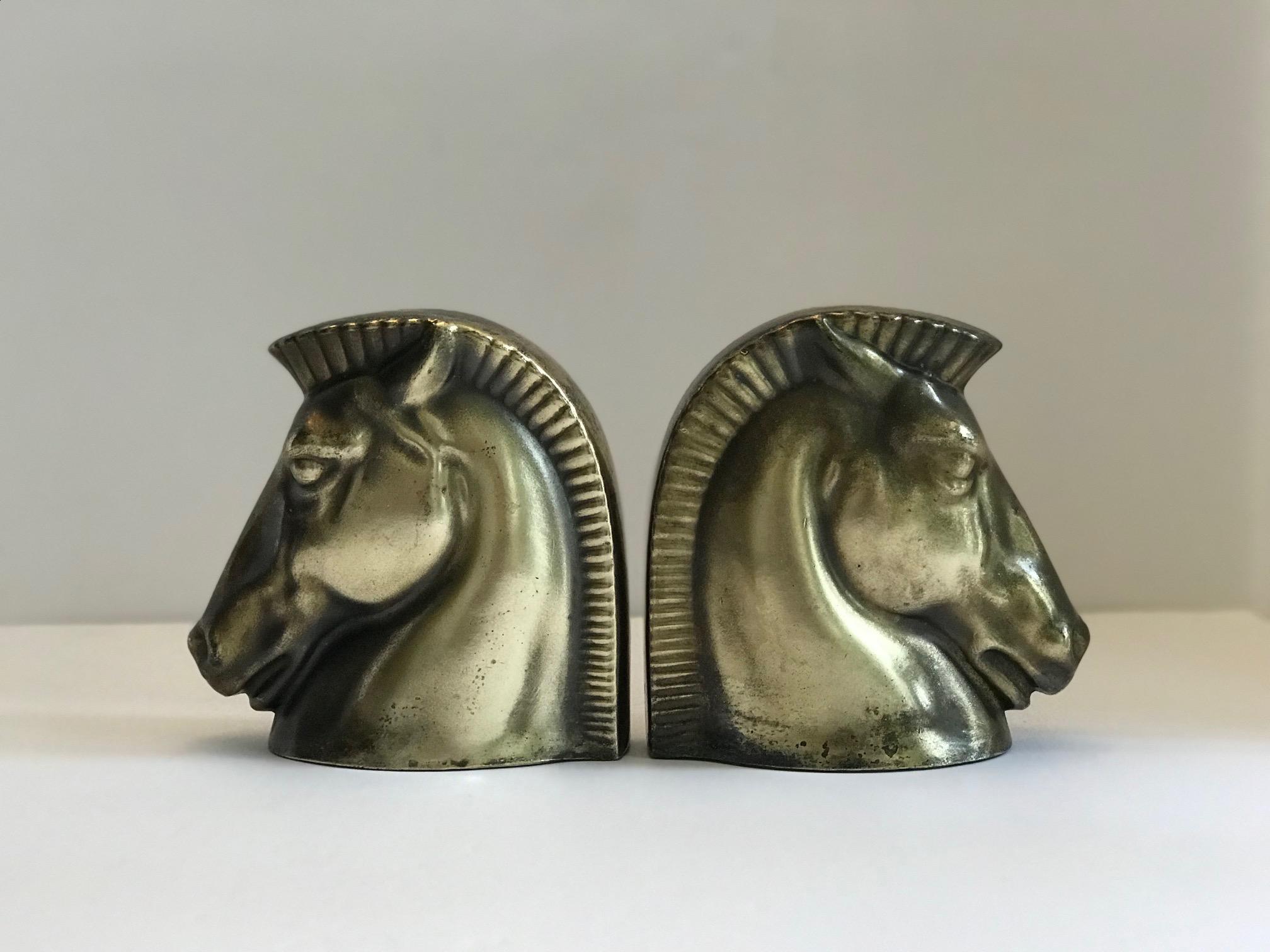 Mid-20th Century Pair of Art Deco Brass Plated Trojan Horse Bookends by Frankart