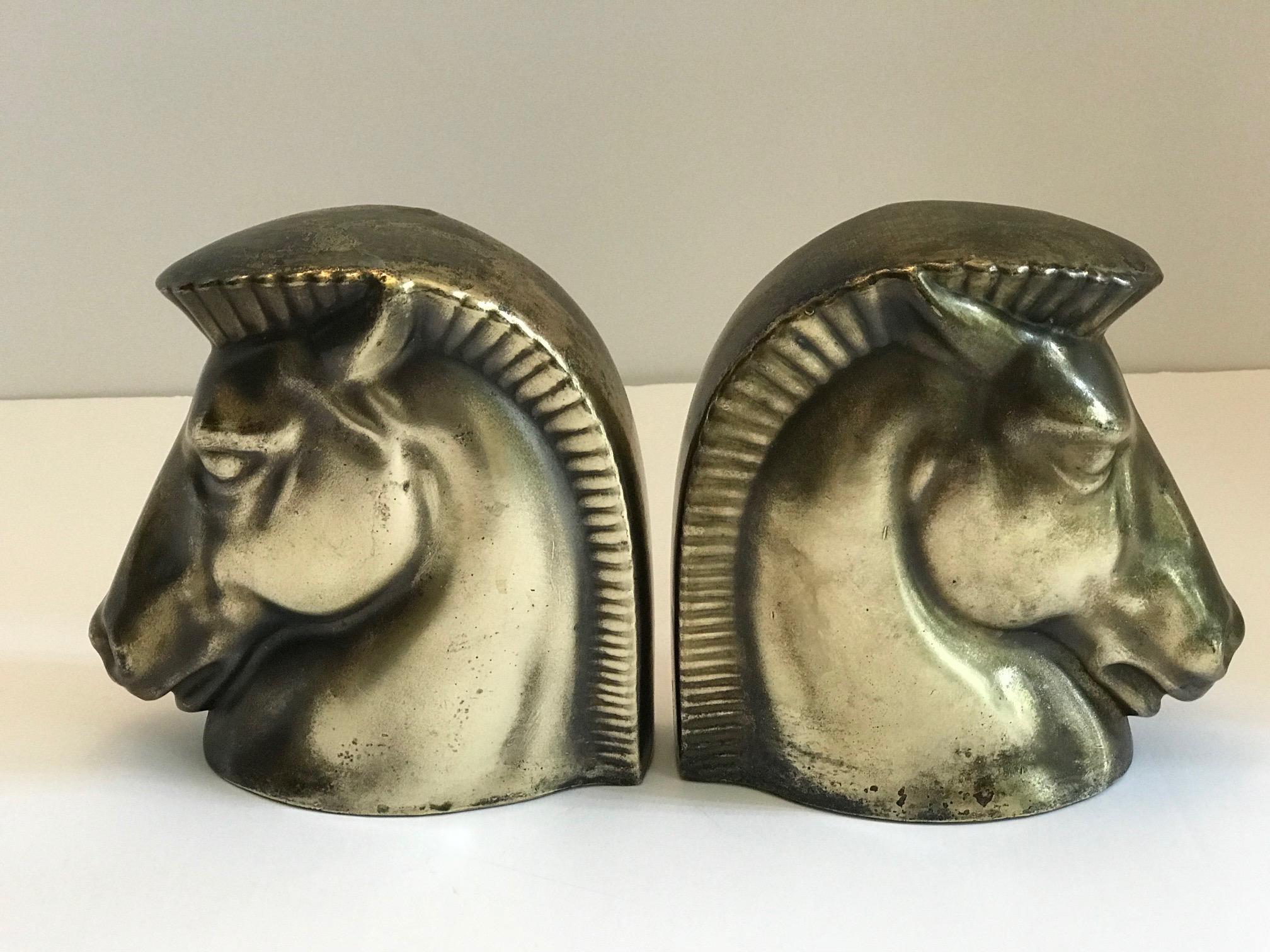 Metal Pair of Art Deco Brass Plated Trojan Horse Bookends by Frankart