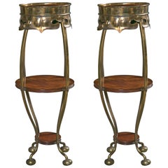 Pair of Art Deco Brass Rosewood Pedestal Stands Brass Circular Feet Sleek Design
