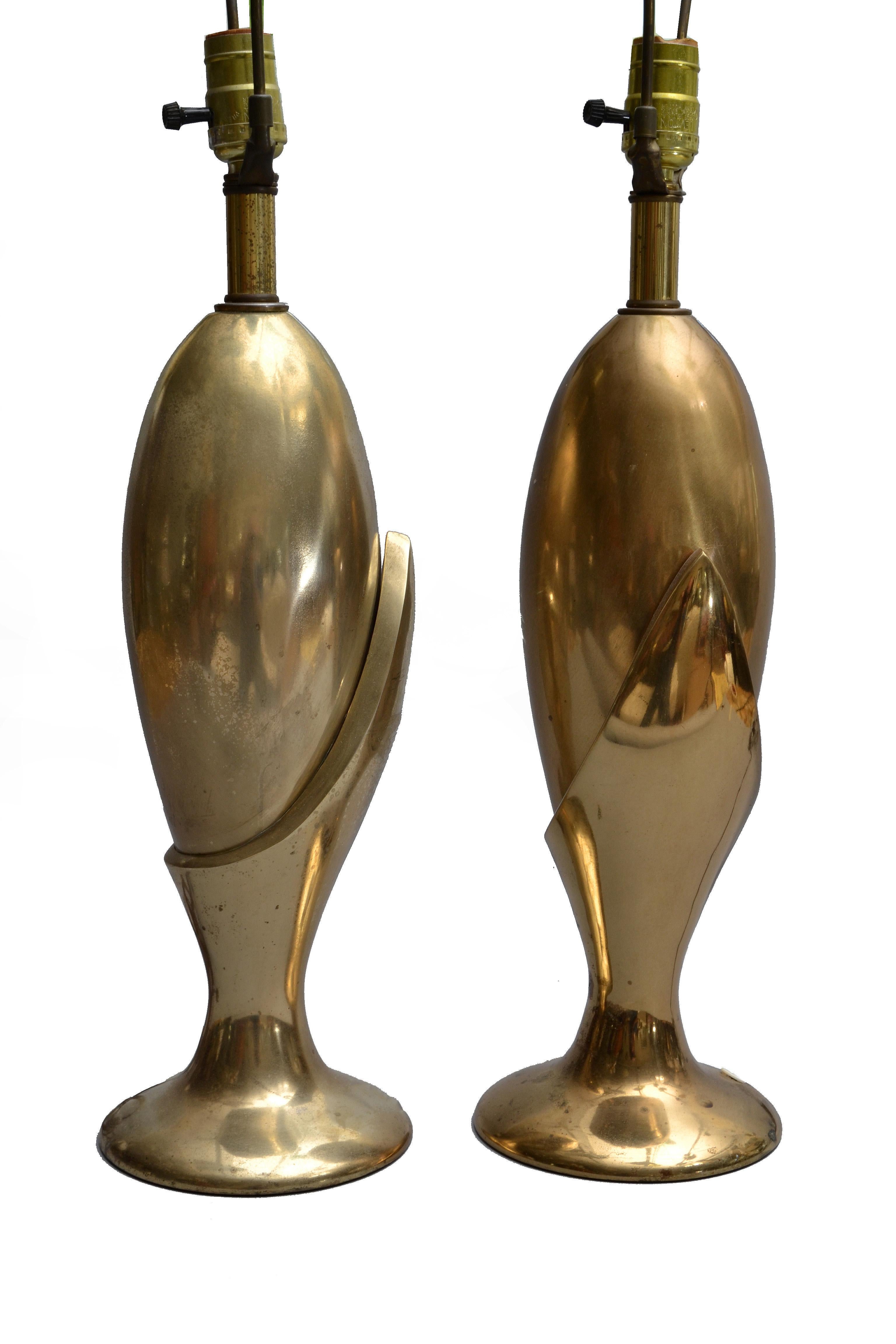 20th Century Pair of Art Deco Brass Table Lamps by Heyco
